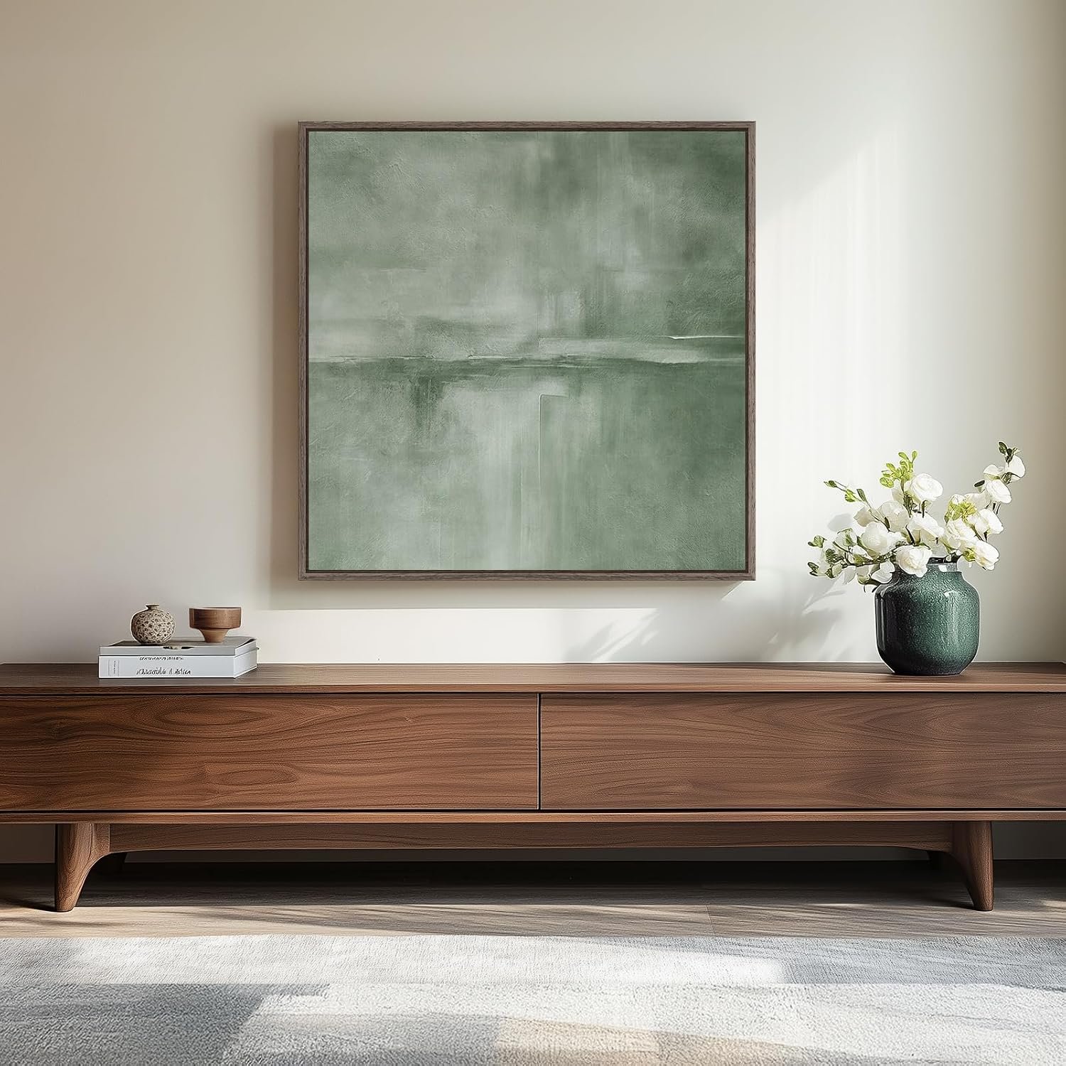 Framed Modern Sage Green Abstract Square Wall Art for Living Room, 30×30 In | All green, Canvas prints, Modern minimalist pictures, Wood frame, Square paintings, Dining room, Bedroom, Office wall decor