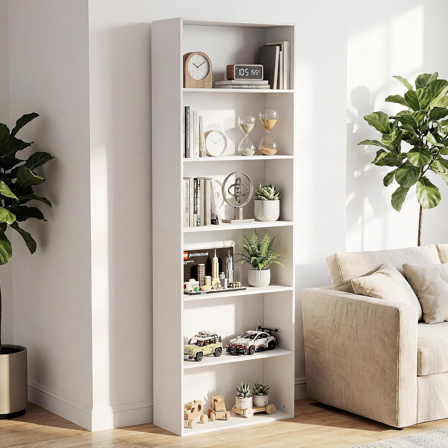 GRUSIGN 71″ Tall 6-Tier Bookshelf, Large Open Display Bookcase with Ample Storage, Floor Standing Book Shelf for Living Room, Home Office, Bed Room, White