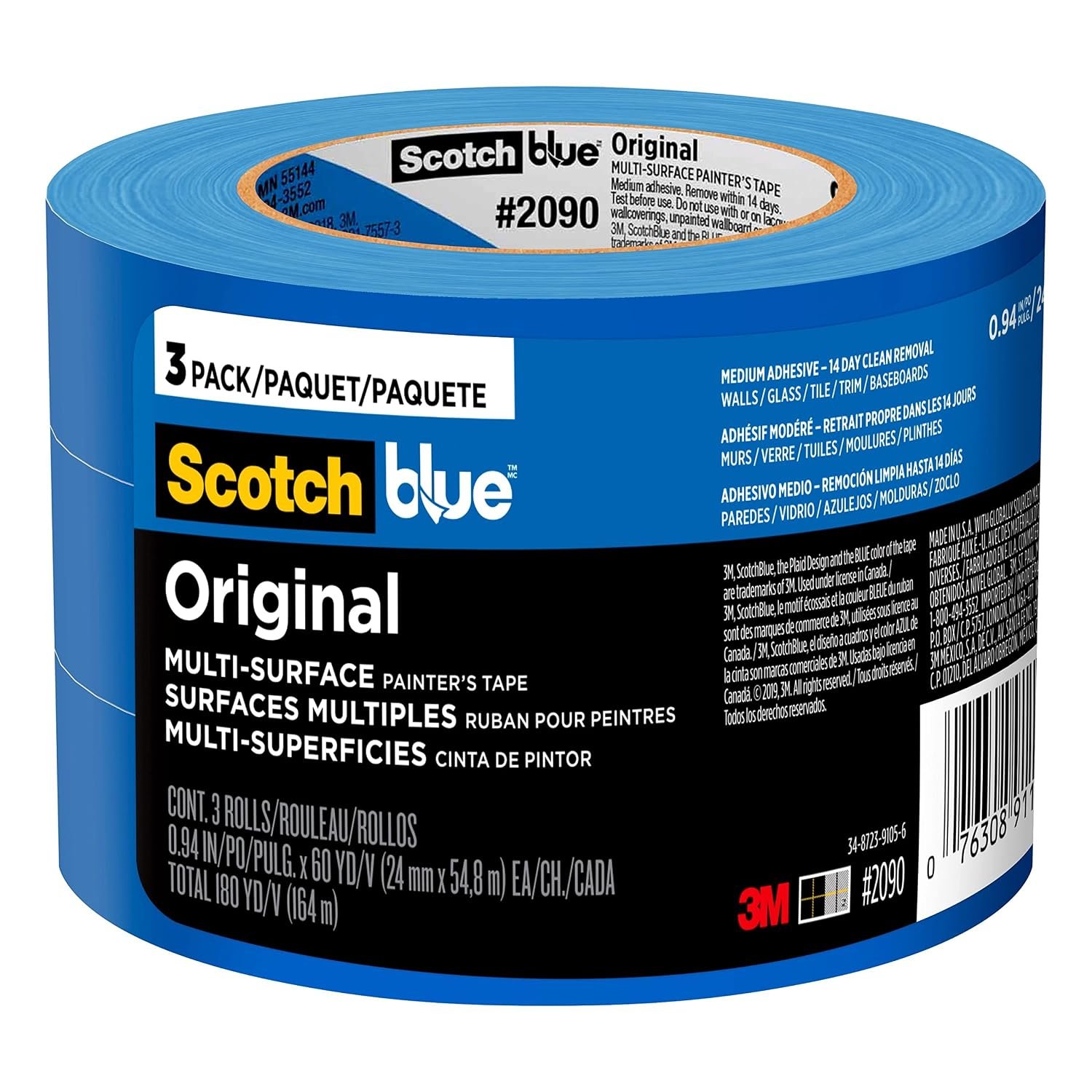 ScotchBlue Original Multi-Surface Painters Tape, 1 Inch Wide (0.94 in. x 60 Yds), 3 Rolls, Blue, Paint Tape Protects and Removes Easily, Masking Tape for Indoor and Outdoor Use (2090-24EC3)