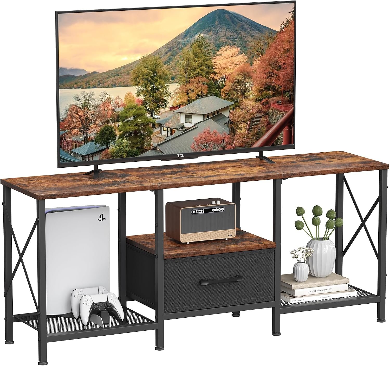 JARHETUN TV Stand with Fabric Drawer, Entertainment Center for 50 55 Inch TV, Industrial TV Console Table with Open Storage Shelves for Living Room, Bedroom, Rustic Brown