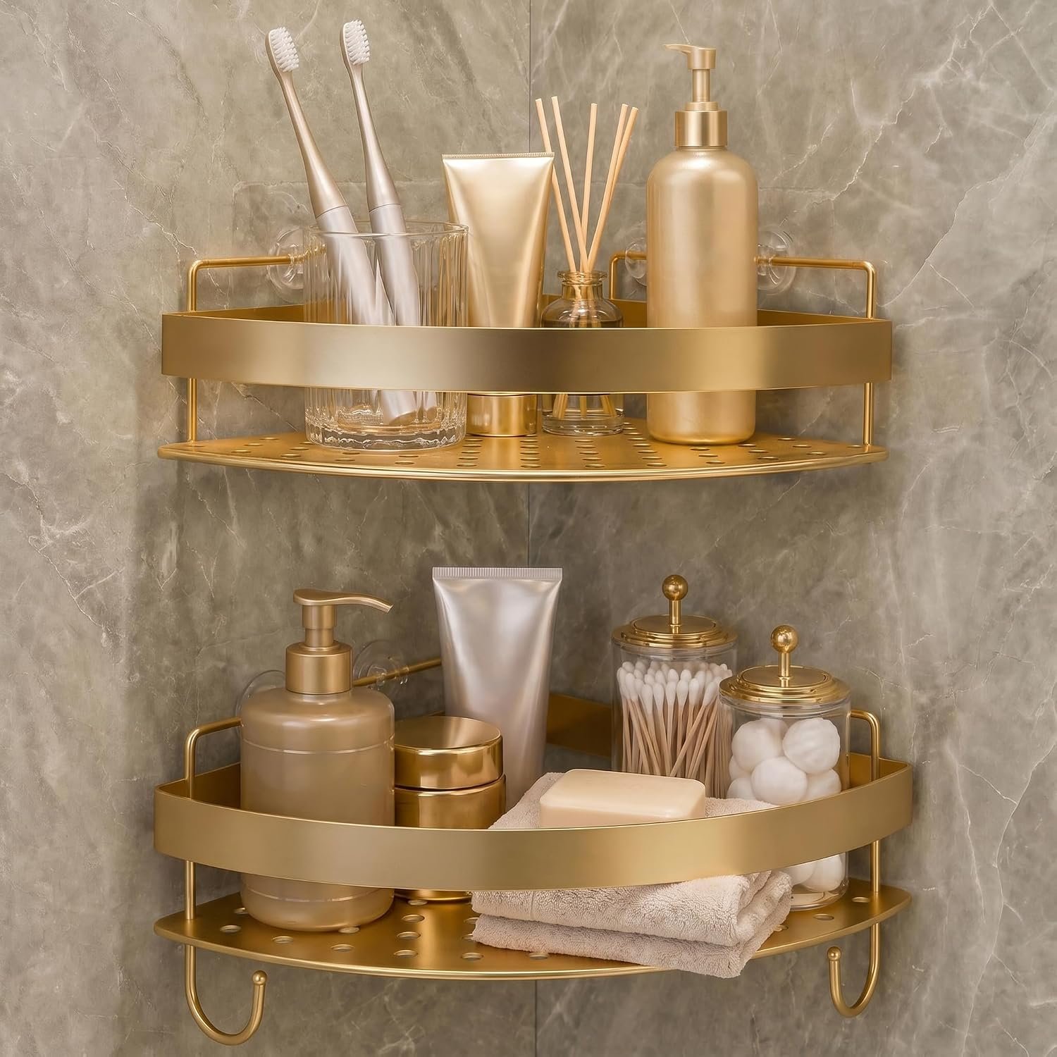 Corner Shower Shelves – 2 Tier No Drilling Shower Caddy Adhesive, Stainless Steel Shower Organizer with 4 Hooks, Wall Mounted Shower Rack for Inside Shower Corner Shelf, Gold Floating Shelves