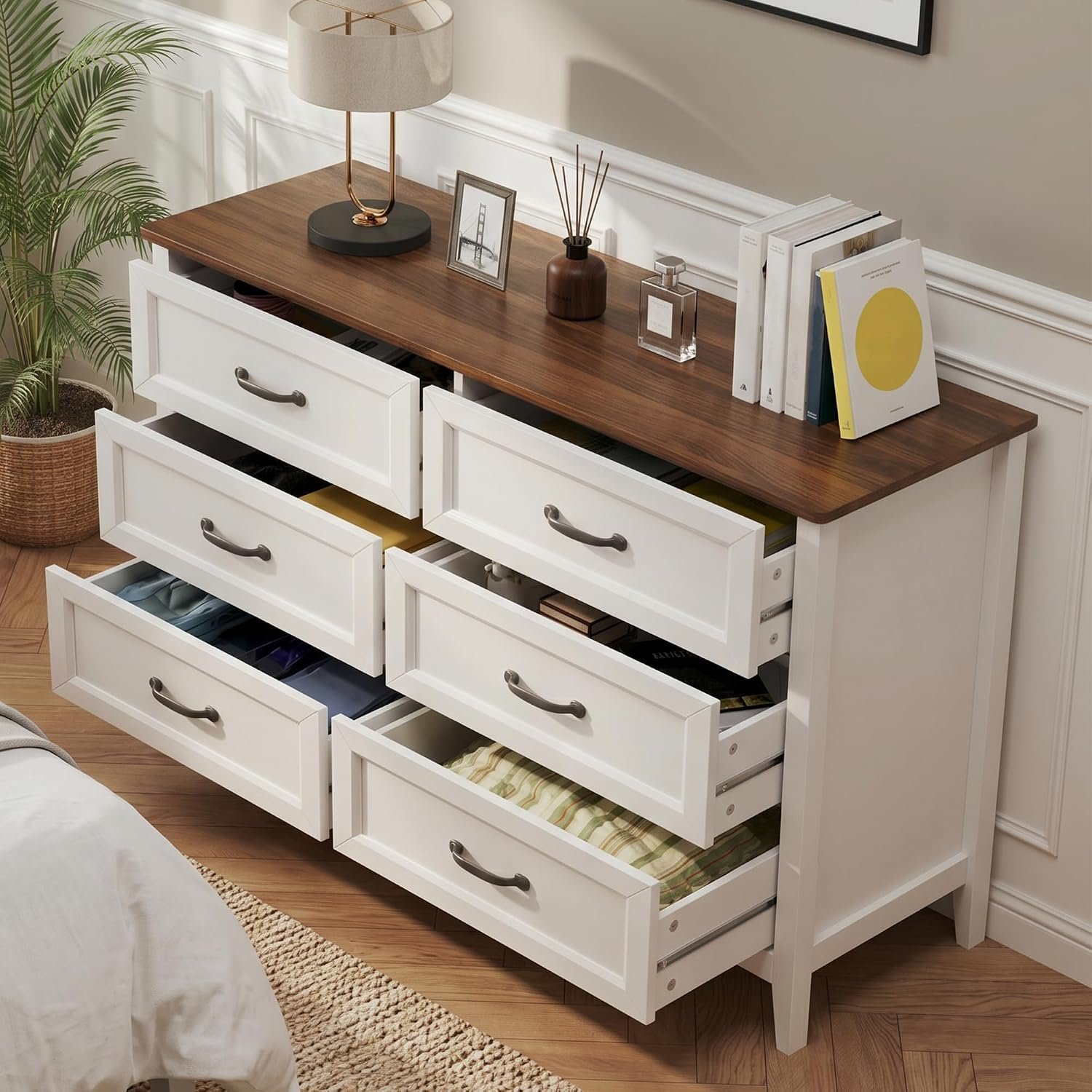 Gizoon 47.2″ W Drawer Dresser, 6 Chest of Drawers, Dresser for Bedroom | Wooden Chest of Drawers with Ample Storage Space, Smooth Rail, Metal Handles, Anti-tipping, for Bedroom, Hallway, Retro