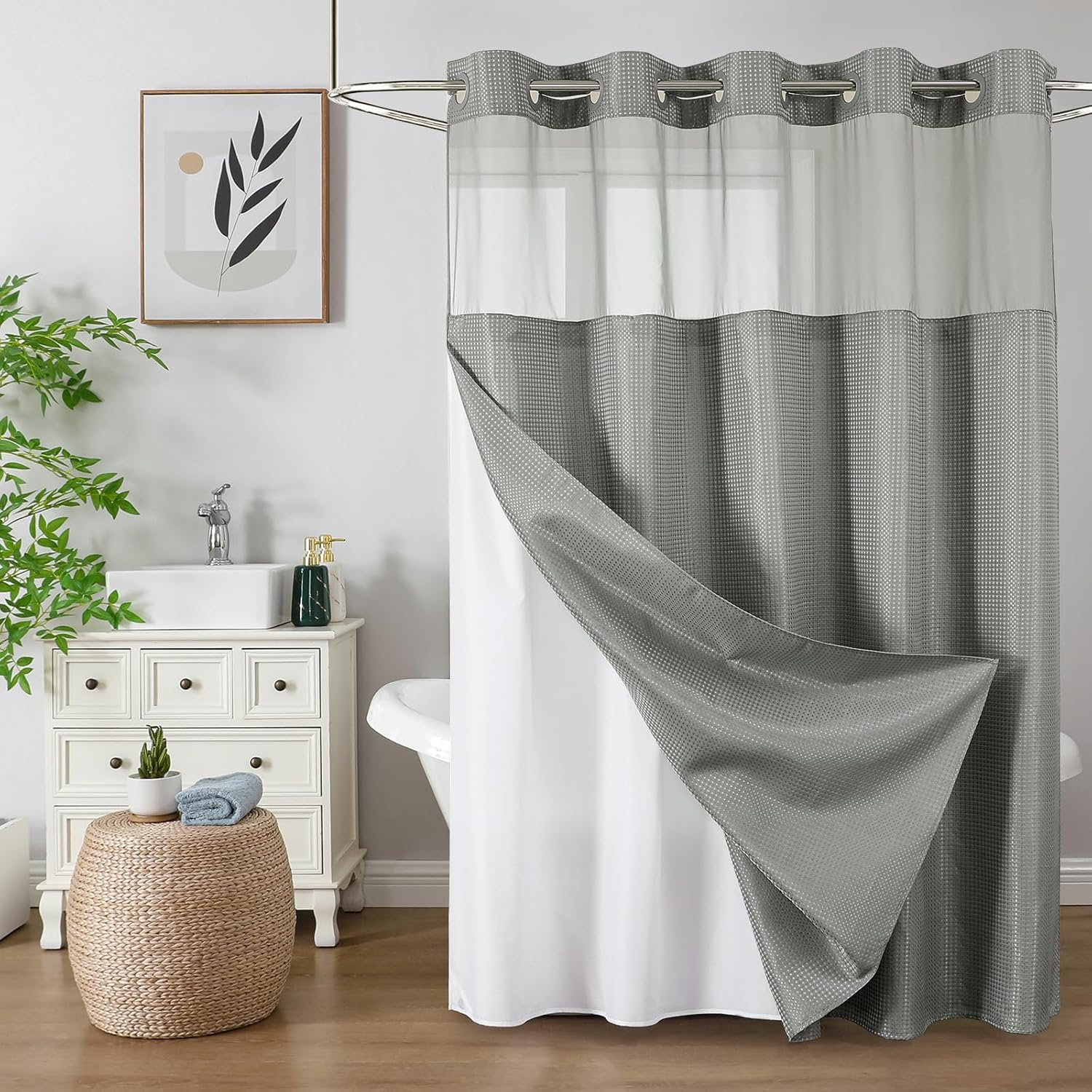 Colorful Star Waffle Weave No Hook Shower Curtain Set, 72 x 75 Inch, Grey | Heavy Duty Thick Shower Curtain Sets with Snap in Fabric Liner and Mesh Top Window, Hotel Style Waterproof Bathroom Curtain