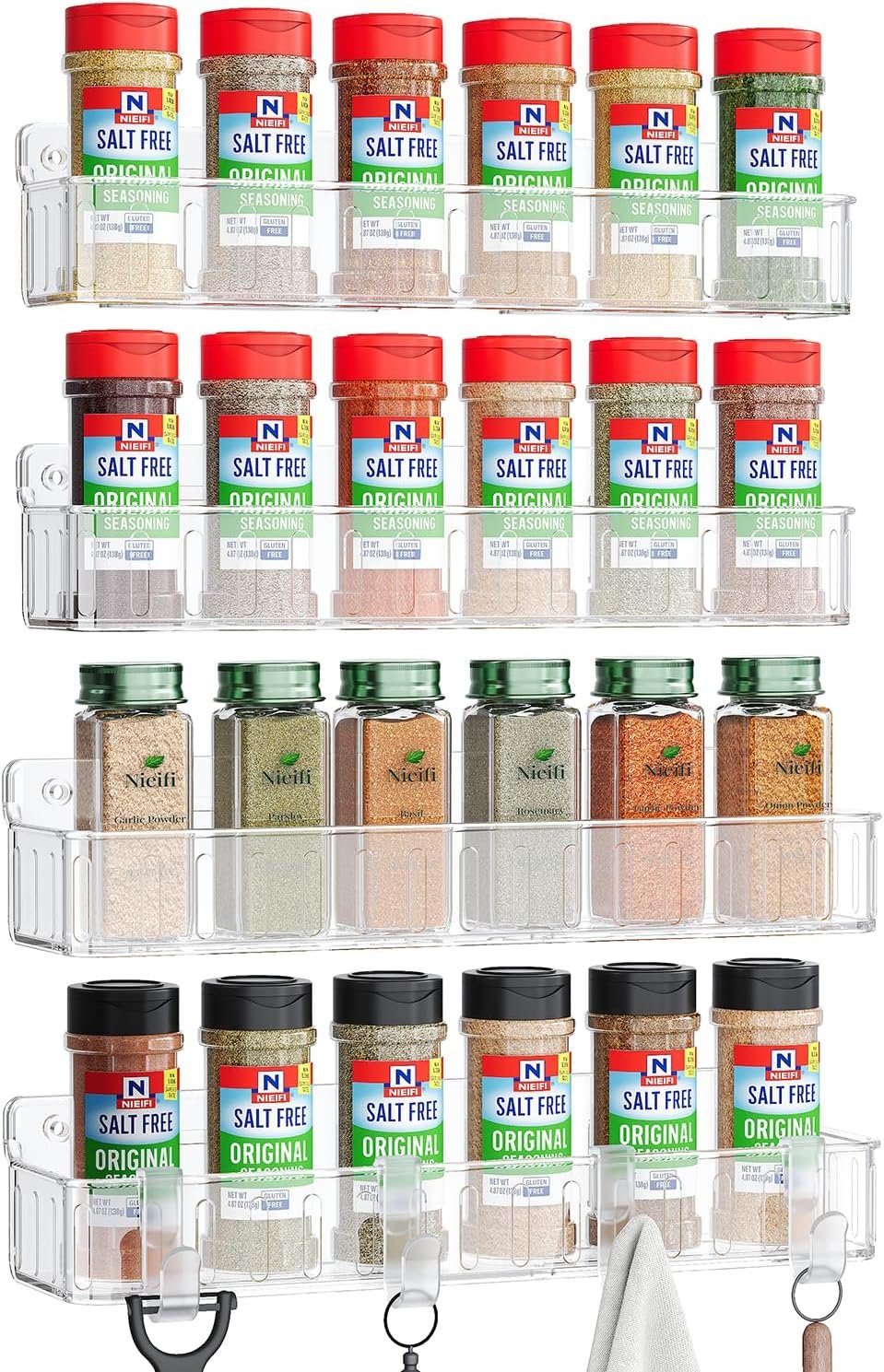 Nieifi Spice Rack Wall Mount, 4 Pack Clear, 2″ Depth, Screw/Adhesive | Wall-Mounted with Removable Hooks Saves Counter Space, Fits 2″ Deep Jars, Ideal for Kitchen Cabinets, Pantry Doors, and RVs