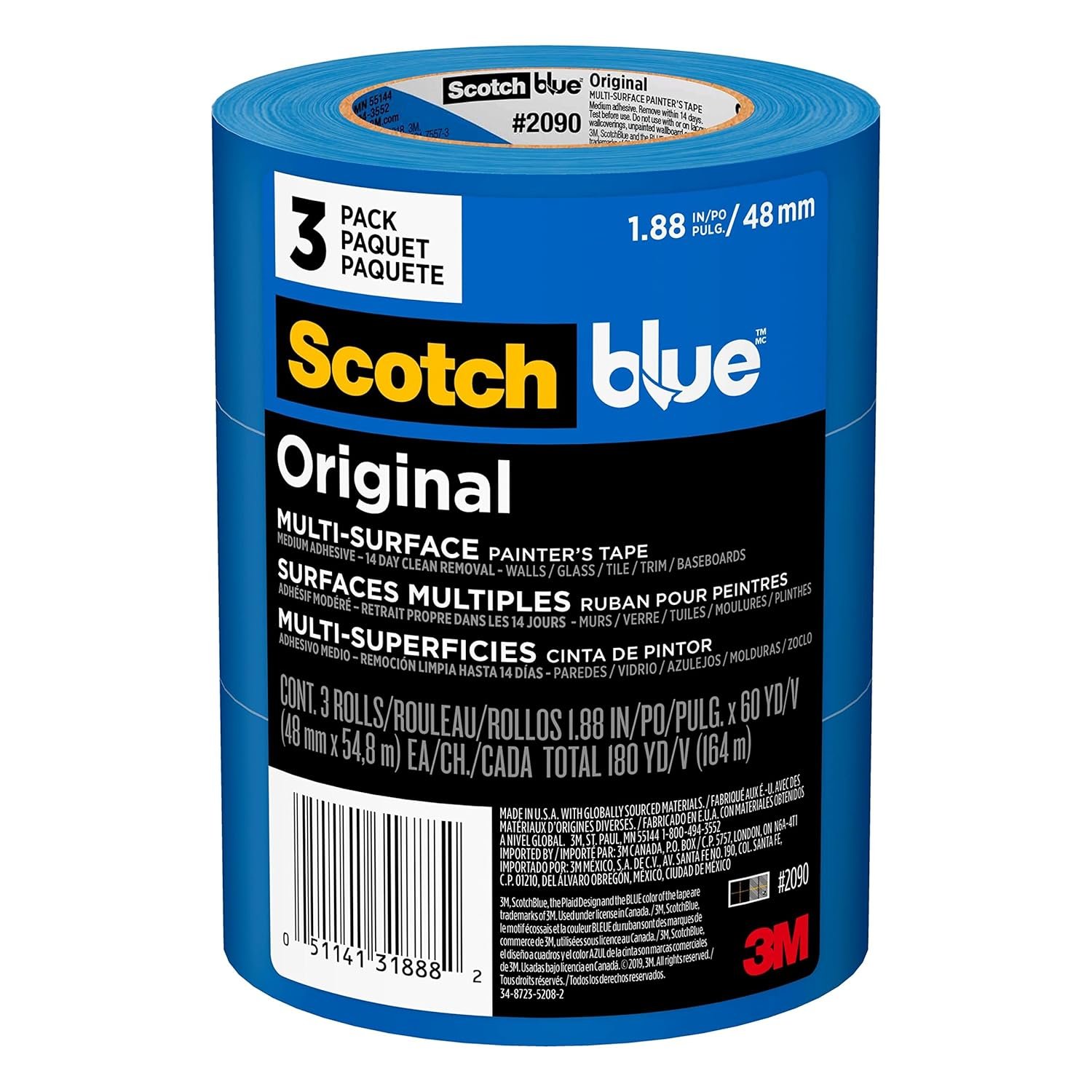 ScotchBlue Original Multi-Surface Painter’s Tape 2 Inch Wide, 3 Rolls | 1.88 in x 60 yd, Blue Paint Tape, Protects Surfaces and Removes Easily, Painting Tape for Indoor and Outdoor Use