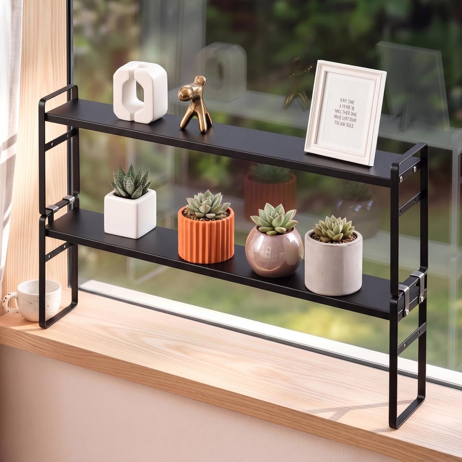 2 Pcs 3.5″ W Expandable Window Sill Plant Shelf, 13.7″ to 23.6″ L, Supports up to 30 lbs, Stackable & Adjustable Height Metal Shelf for over Sink, Kitchen – Flowers, Succulents (Black)