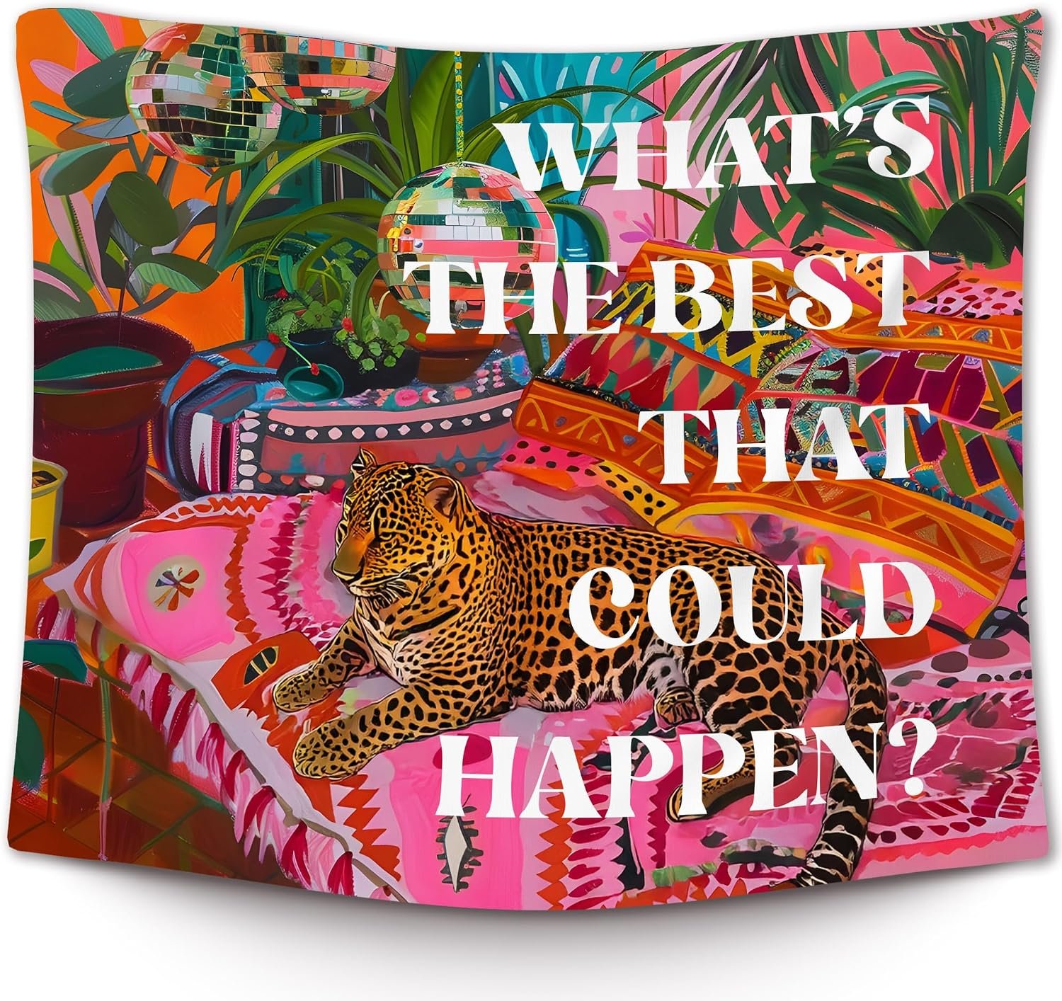 XLDLIOO Preppy Leopard Disco Classroom Tapestry, What’s The Best That Could Happen, Retro Maximalist Tapestry Hanging for Girly Room Bedroom, Groovy Tapestries Wall Decor Art for Teen Girls Dorm 50x60in