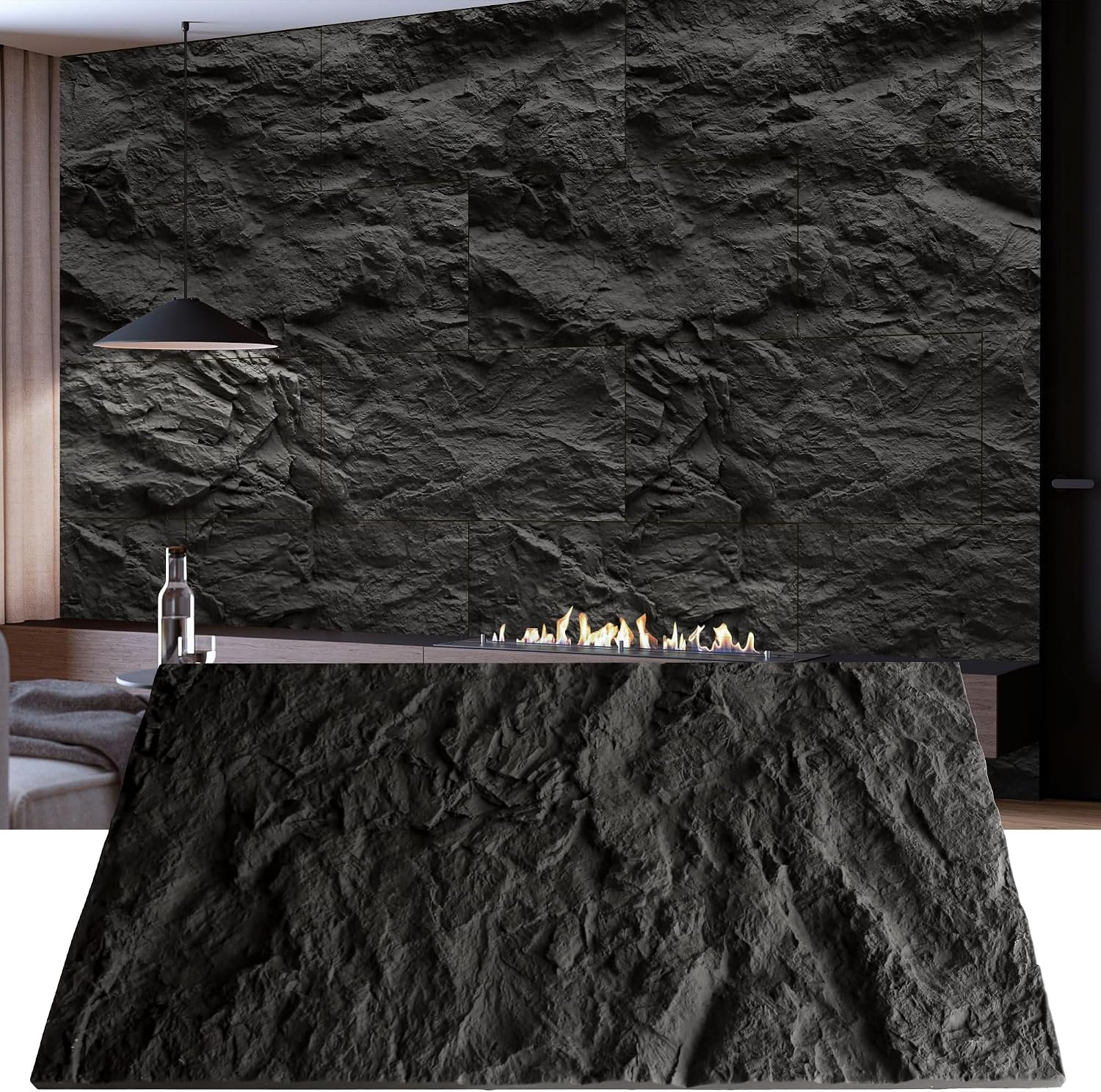 KASARO 3D Faux Stone PU Wall Panels, 4 Pack Cement Texture Black | Thicker PU wainscoting panels with realistic stone texture for accent walls, home & office decor, easy install, 43.3″ x 23.6″