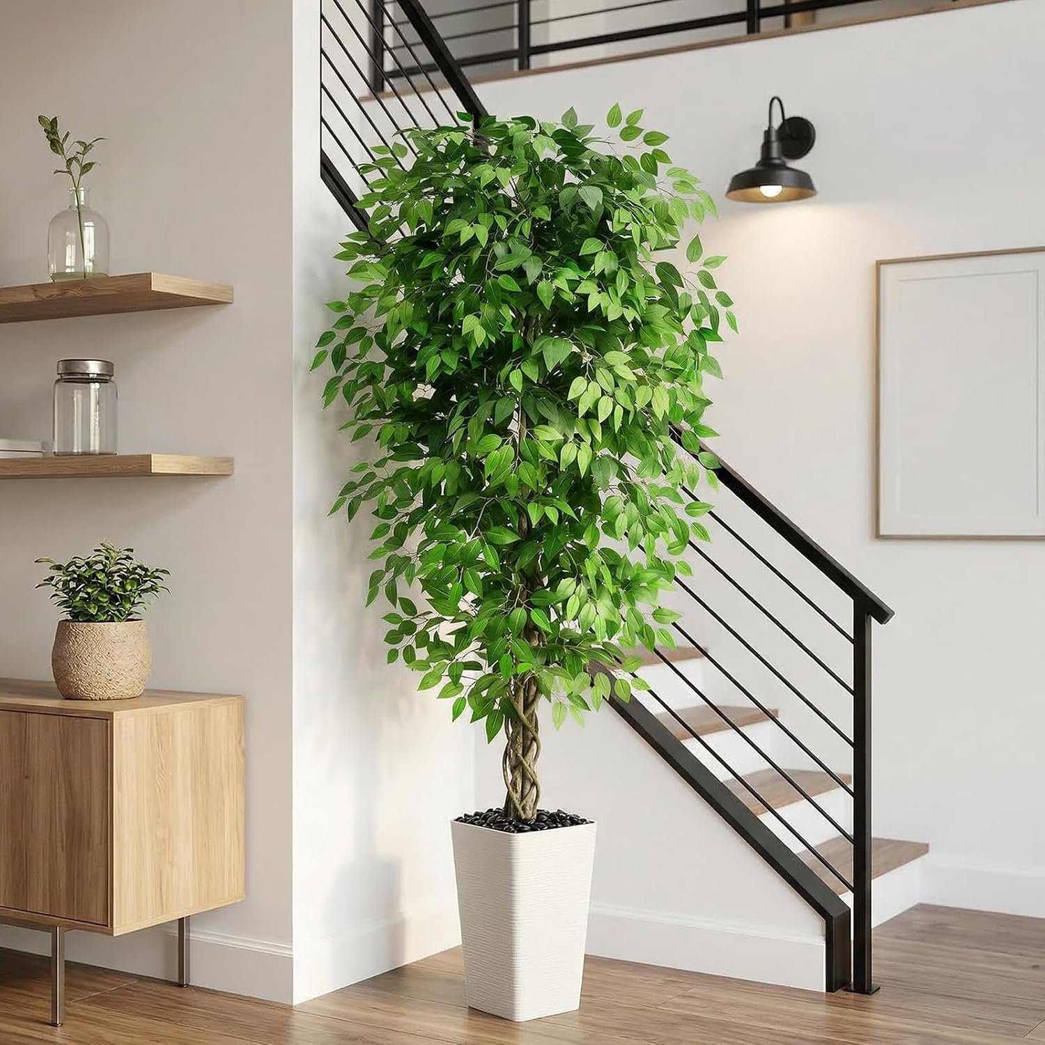 Artificial Ficus Tree Indoor, 6FT Realistic Large Fake Trees | Lifelike Lush Faux Silk Ficus Plant with White Planter, Tall Artificial Plants for Home Room House Office Greenery Decor