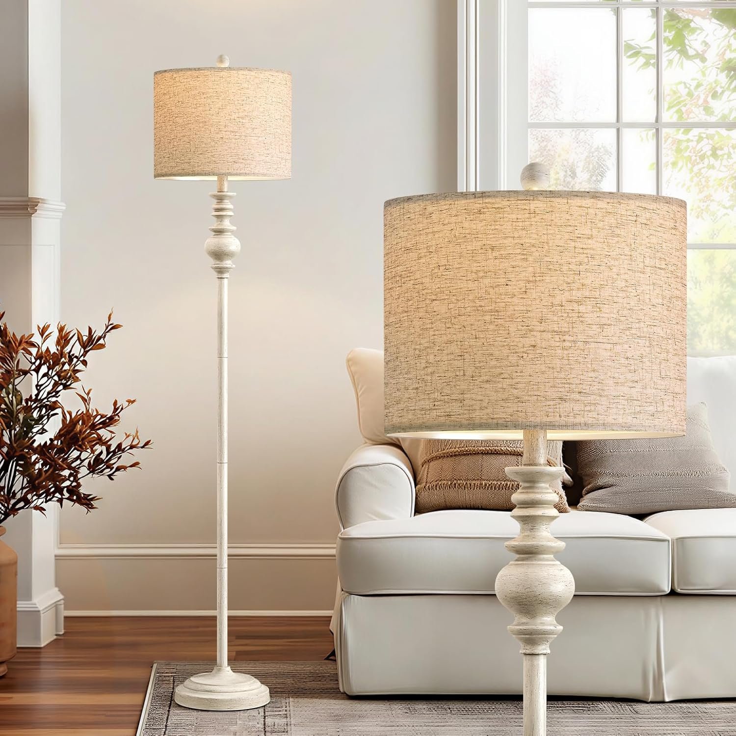 BOBOMOMO 64.25″ Farmhouse Floor Lamp for Living Room, Tall Antique White Standing Lamp with Rotary Switch, Vintage Reading Lamp for Bedroom & Nursery, Rustic Home Decor Corner Lamp