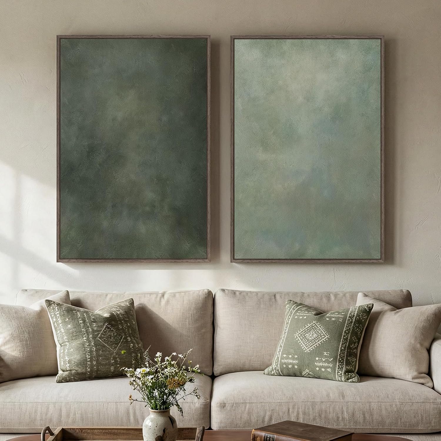 Large Framed Green Abstract Wall Art Set of 2, Modern Sage Green Canvas Prints Paintings Artwork for Walls, Minimalist Pictures for Living Room Dining Room Bedroom Office Wall Decor 24×36 In