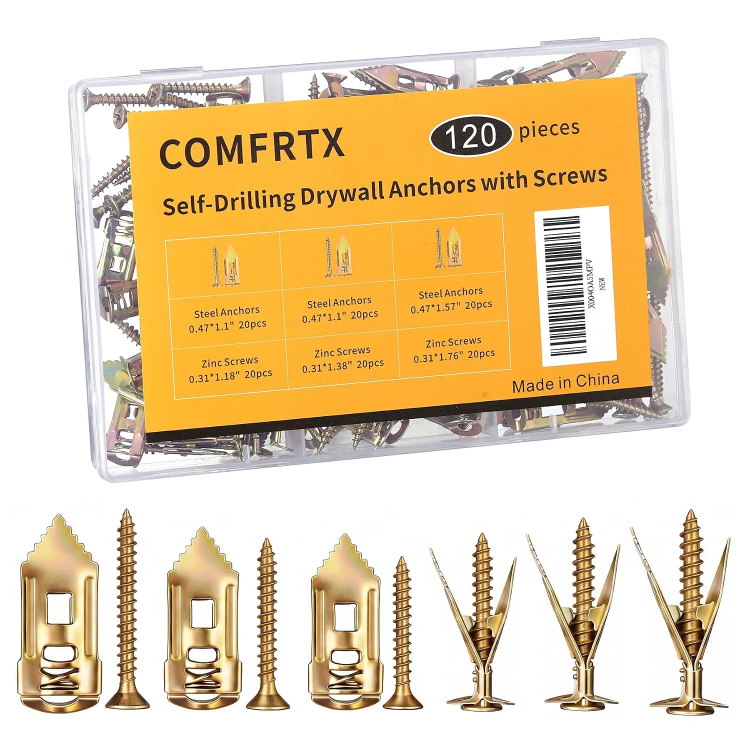 3 Sizes Self Drilling Drywall Anchors Kit with Screws Heavy Duty | 120PCS Metal Drywall Anchors, Expansion Grip Anchors for Sheetrock, Shelves, Mirrors, Picture Frames & Wall Decor