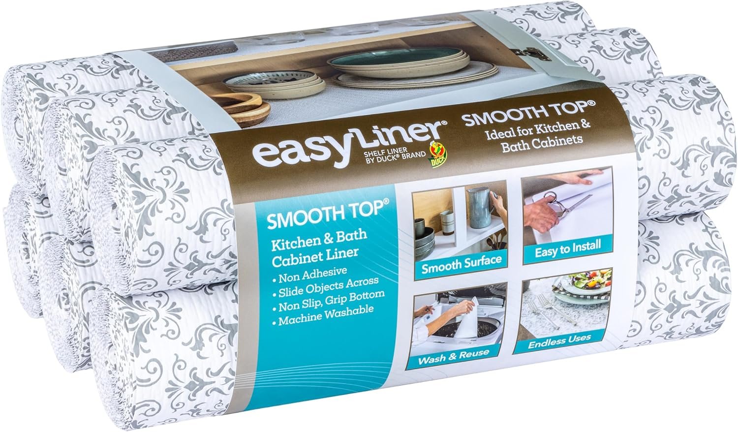 Smooth Top EasyLiner for Cabinets & Drawers, Easy to Install, Shelf Paper & Drawer Liner Non Adhesive, Non Slip Shelf Liner for Pantry, Kitchen Essentials, 20 in x 6 ft (6 Pack), 36 ft, Gray Damask