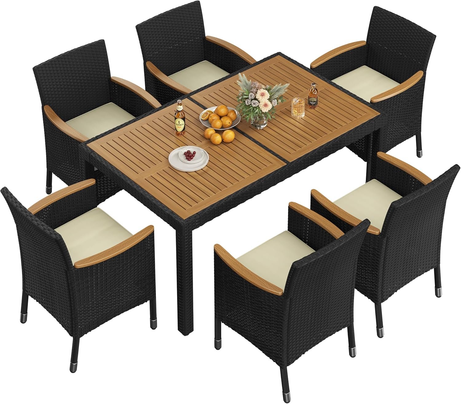 Yaheetech 7 Piece Patio Furniture Set, Outdoor Dining Acacia Wood Table Top | Rattan Conversation Set with Soft Cushions, 6 Chairs & 1 Table for Backyard, Deck, Garden & Yard, Black/Beige