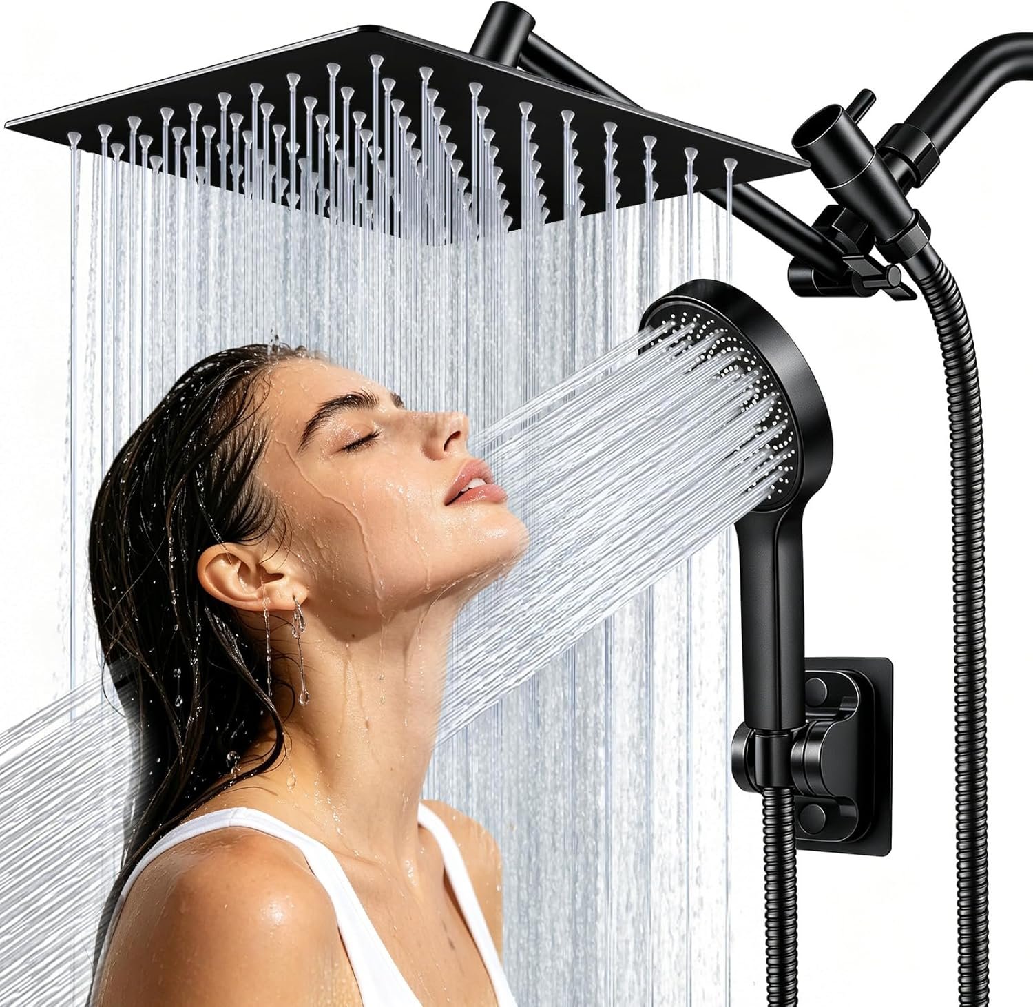 Shower Head, 8 inch Multifunction High Pressure Rain Shower Head with Handheld Spray Combo with 11” Angle Adjustable Extension Arm/Flow Regulator/Shower System Matte Black