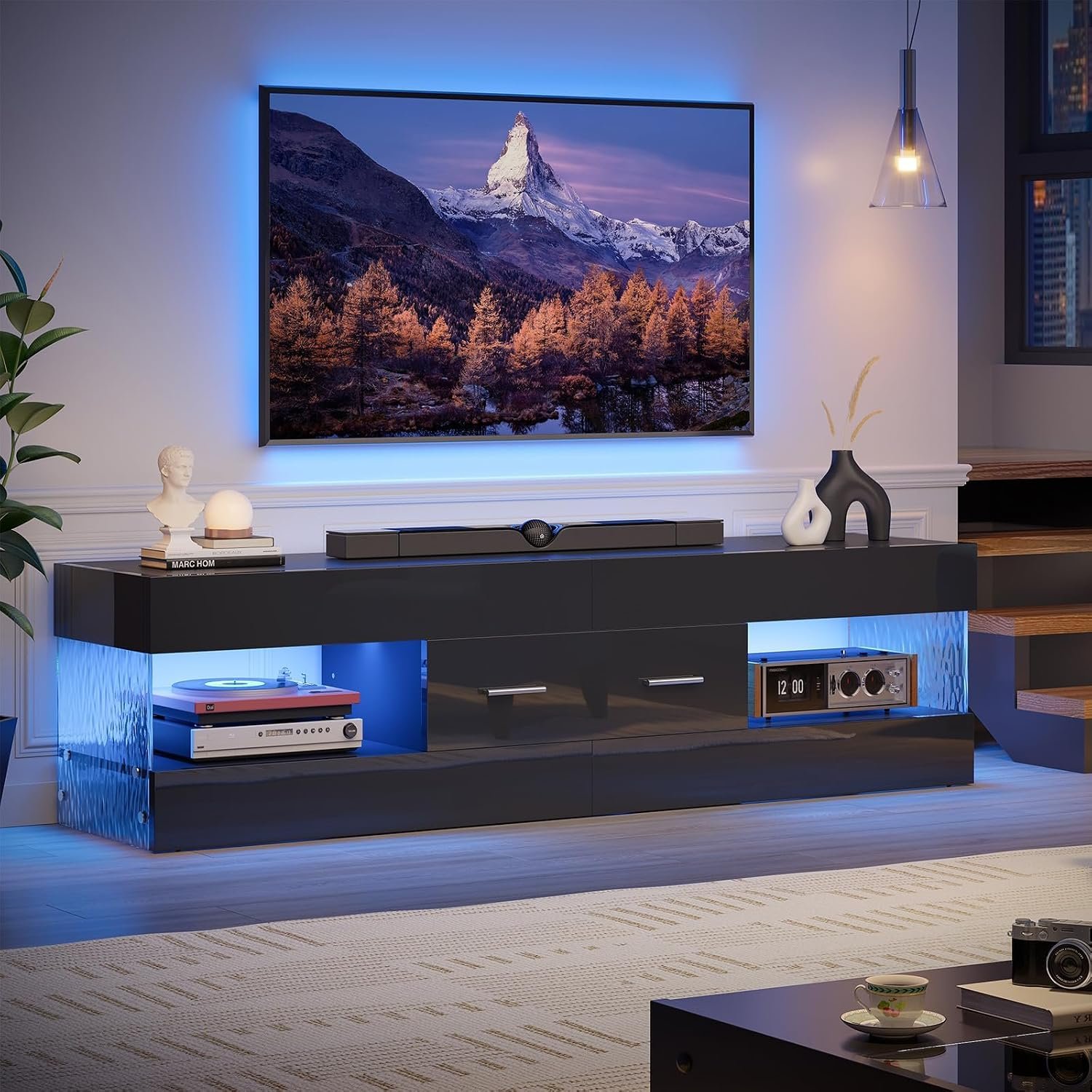 Bestier Black 60 Inch Modern TV Stand, LED Entertainment Center with Drawer | Fits up to 65 in TV, High Gloss with Stone Pattern, Large Storage Drawer & Open Shelves, 7-Color LED Lights for Living Room