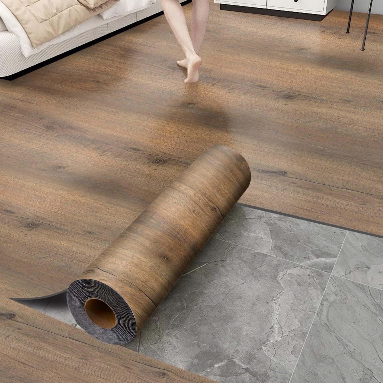 Luxury Thicken Wood Grain Peel and Stick Floor Tiles Self-Adhesive Vinyl Flooring Roll-DIY Easy for Wall and Floor,Hard Surface/Waterproof/Anti Slip (Brown Vinyl Flooring, 17.72 “W x 118” L)
