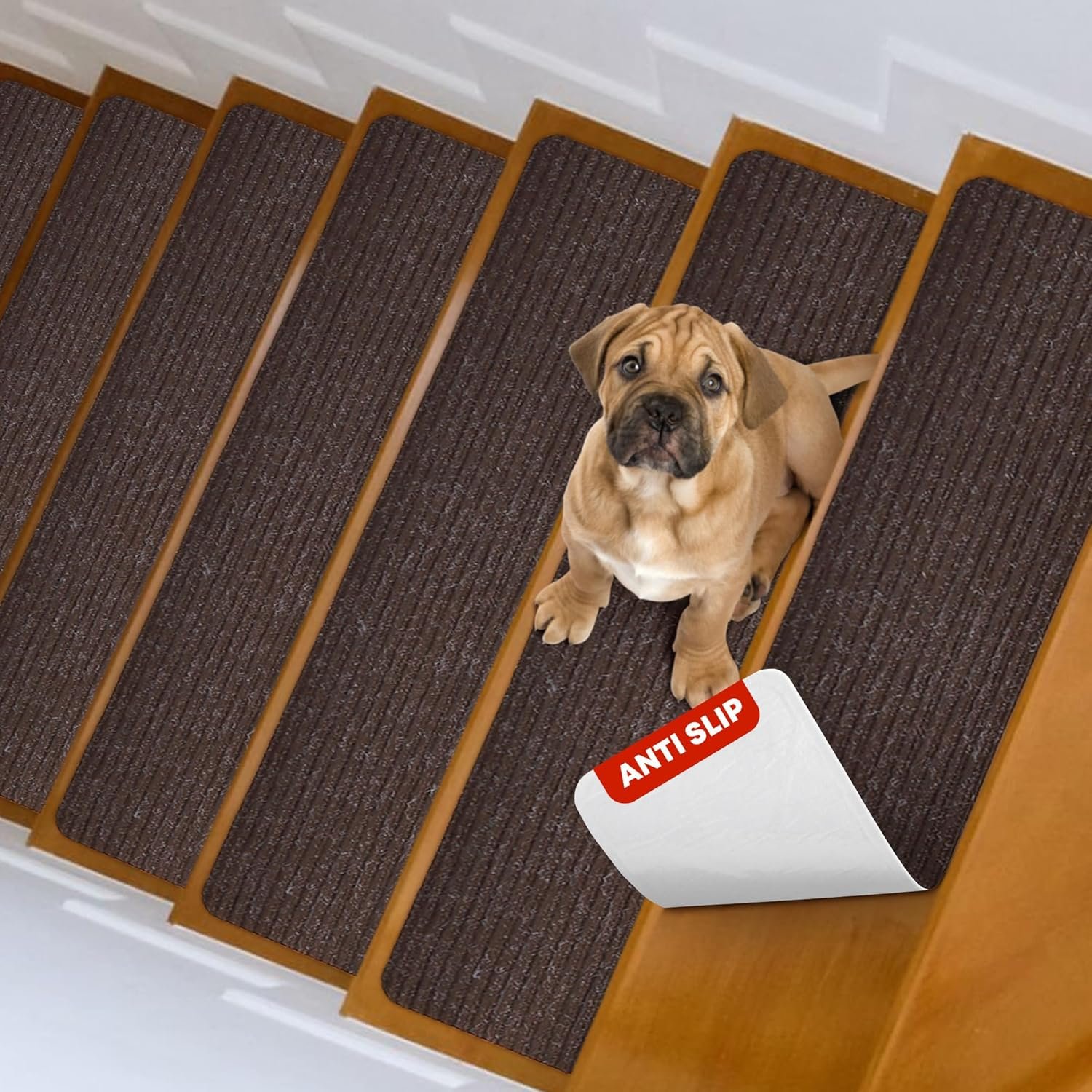 MBIGM Carpet Stair Treads for Wooden Steps, 15 Pack, 8″ x 30″, Brown Stripe | Four-layer polyester carpet with PP grid base, nonwoven cushion and TPR adhesive backing adds indoor traction and comfort