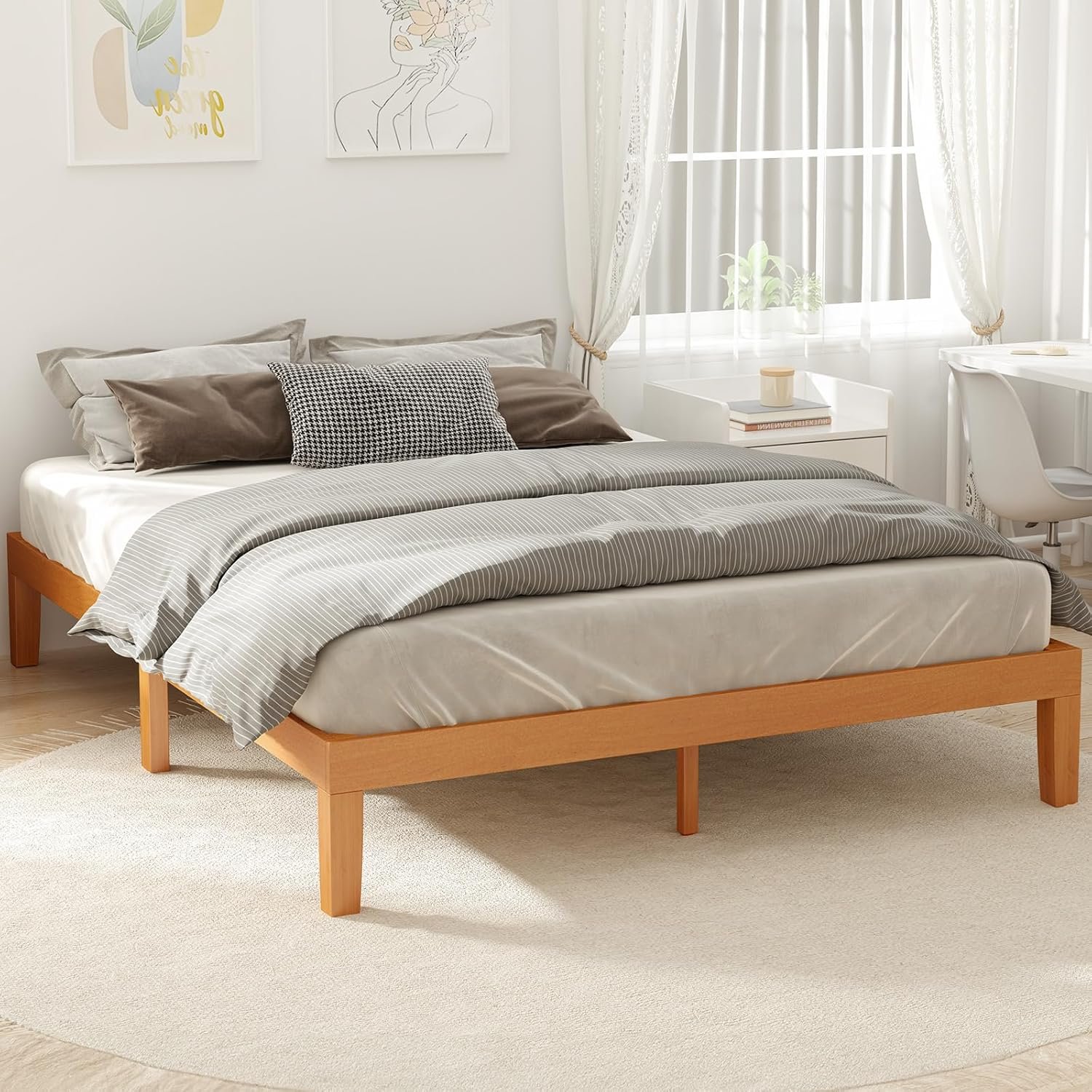 DUMOS Full Size Bed Frame, Solid Wooden 12IN Platform Bed Base with Sturdy Wood Slat Support, Noise-Free Design, No Box Spring Needed, Easy Assembly, Natural Pine
