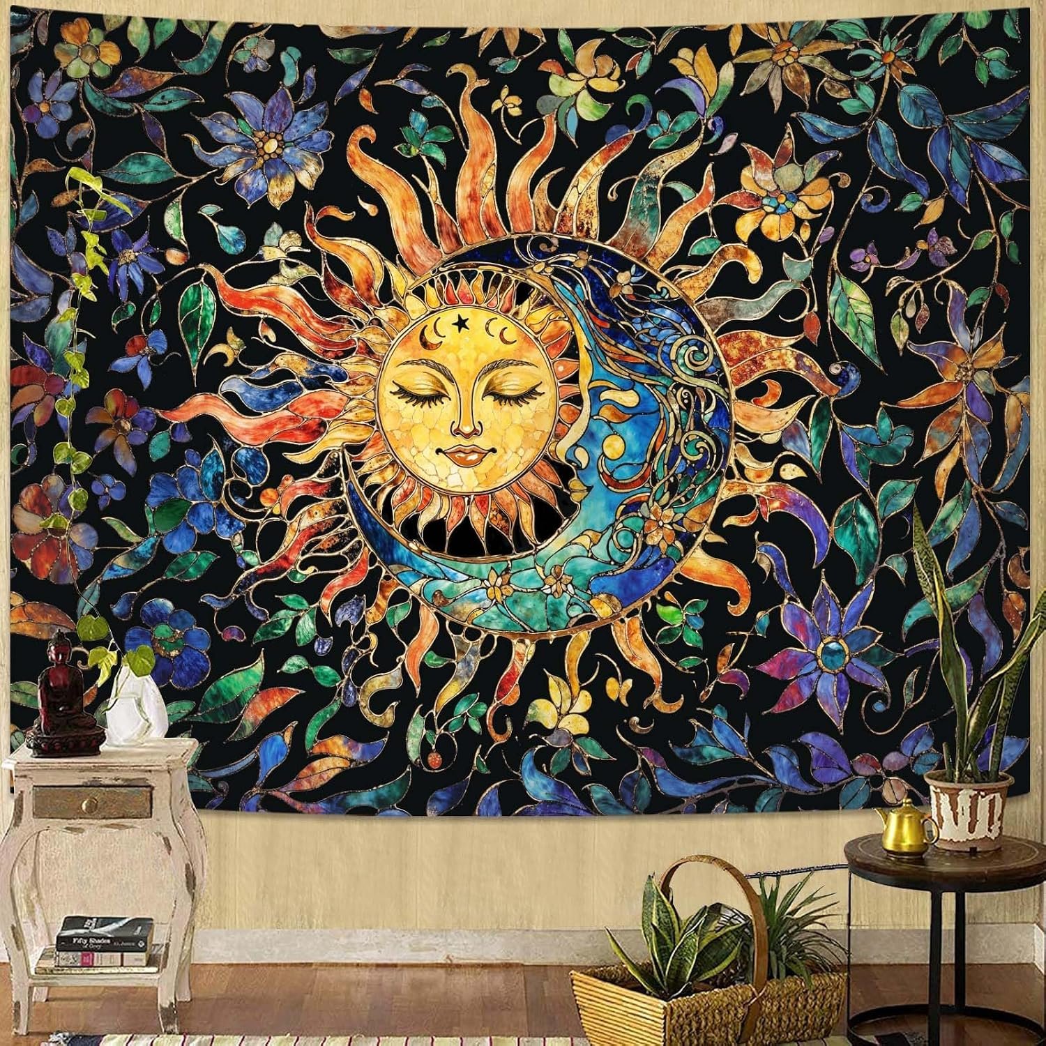 Aipon Sun and Moon Tapestry for Bedroom Boho Hippie Floral Wall Tapestry Aesthetic Vintage Stained Glass Plant Small Tapestries Wall Hanging for Living Room Dorm 48 x 36 Inch