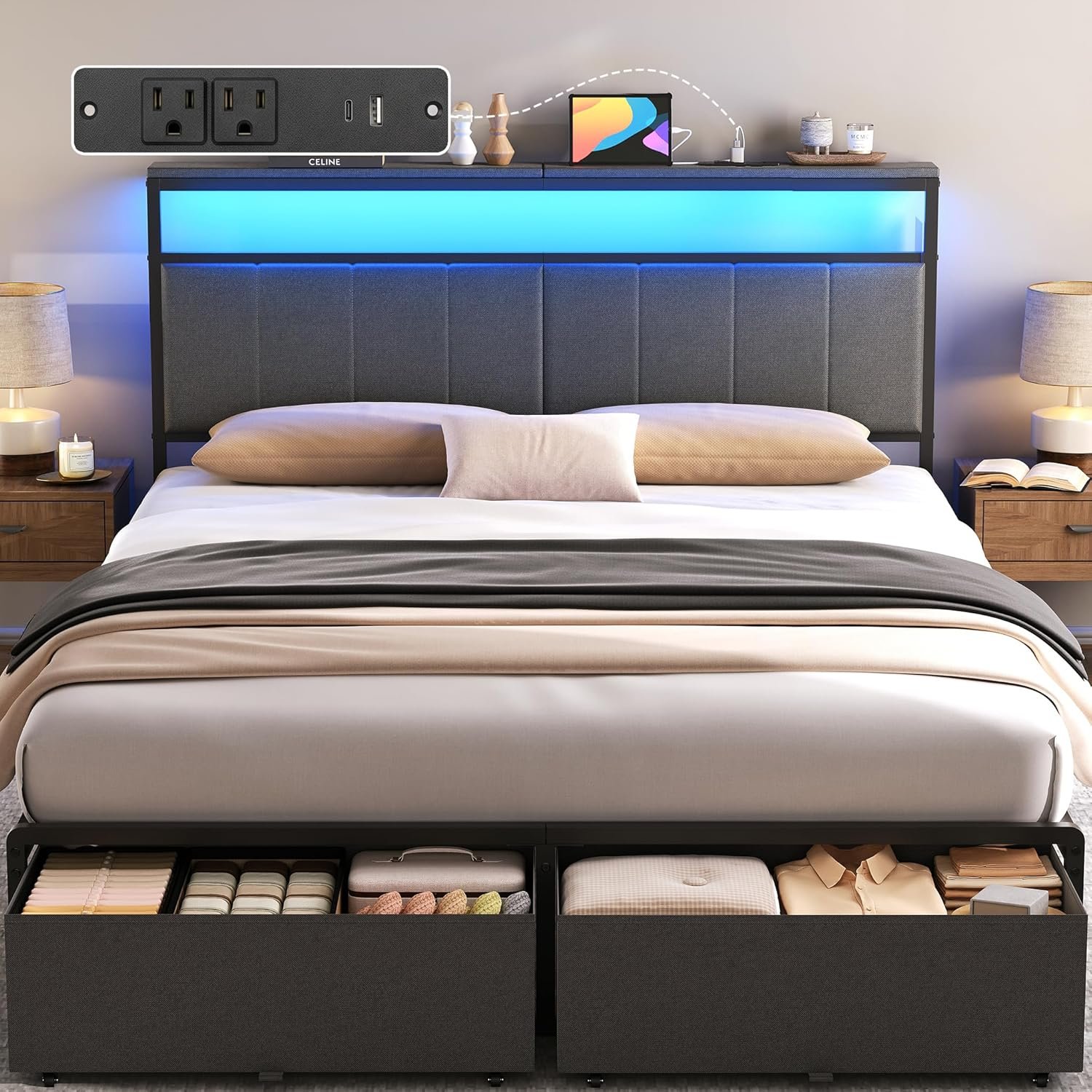 Queen Bed Frame with 2 Storage Drawers, Grey Upholstered | Headboard with Charging Station and LED Lights, Metal Platform Bed with Storage Shelf, Noise Free, No Box Spring Needed