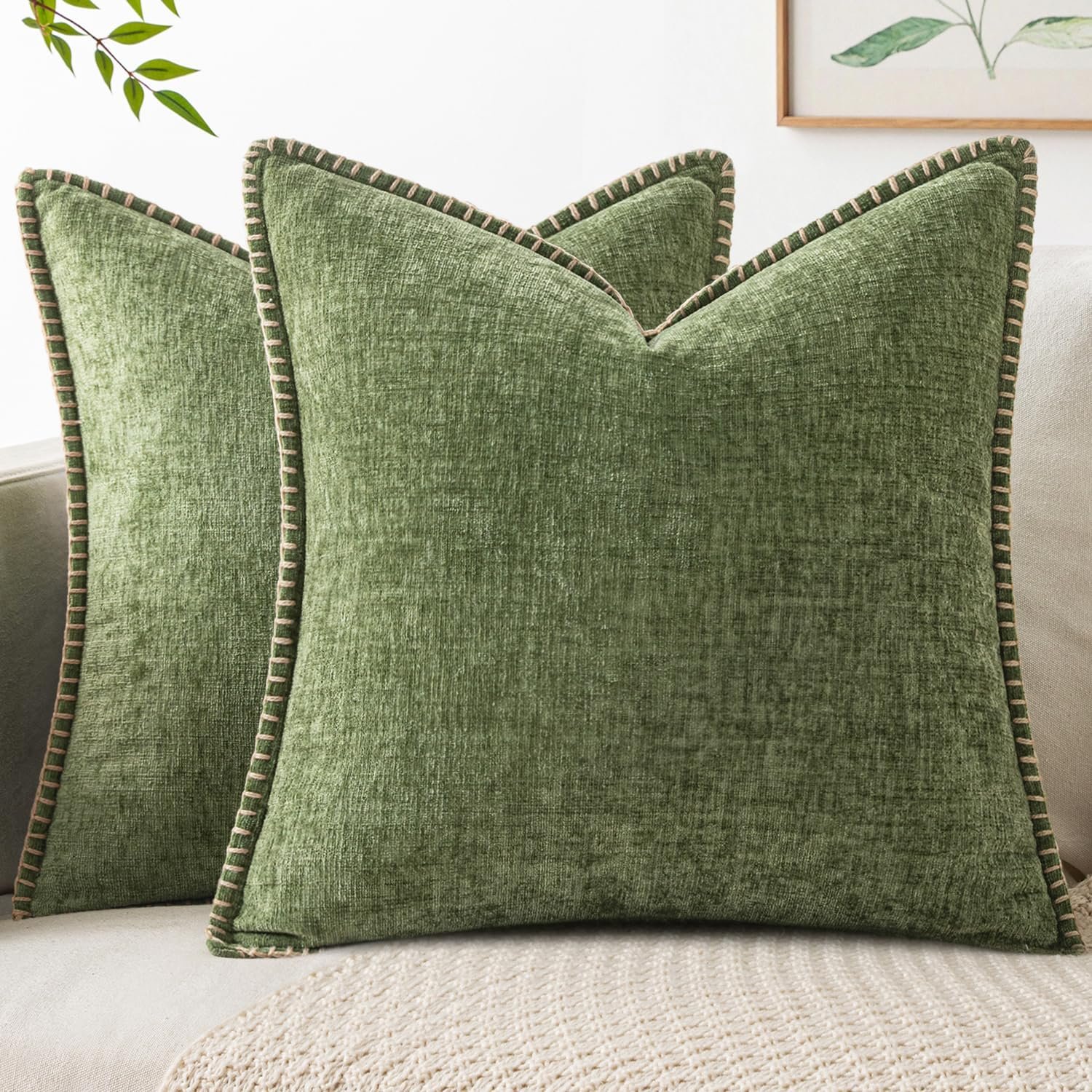 MIULEE Decorative Couch Throw Pillow Covers 18×18 Inch Sage Green 2 Pack | Farmhouse Pillow Covers with Stitched Edge, Soft Chenille Cushion Cases, for Sofa Bed Living Room Home Decor
