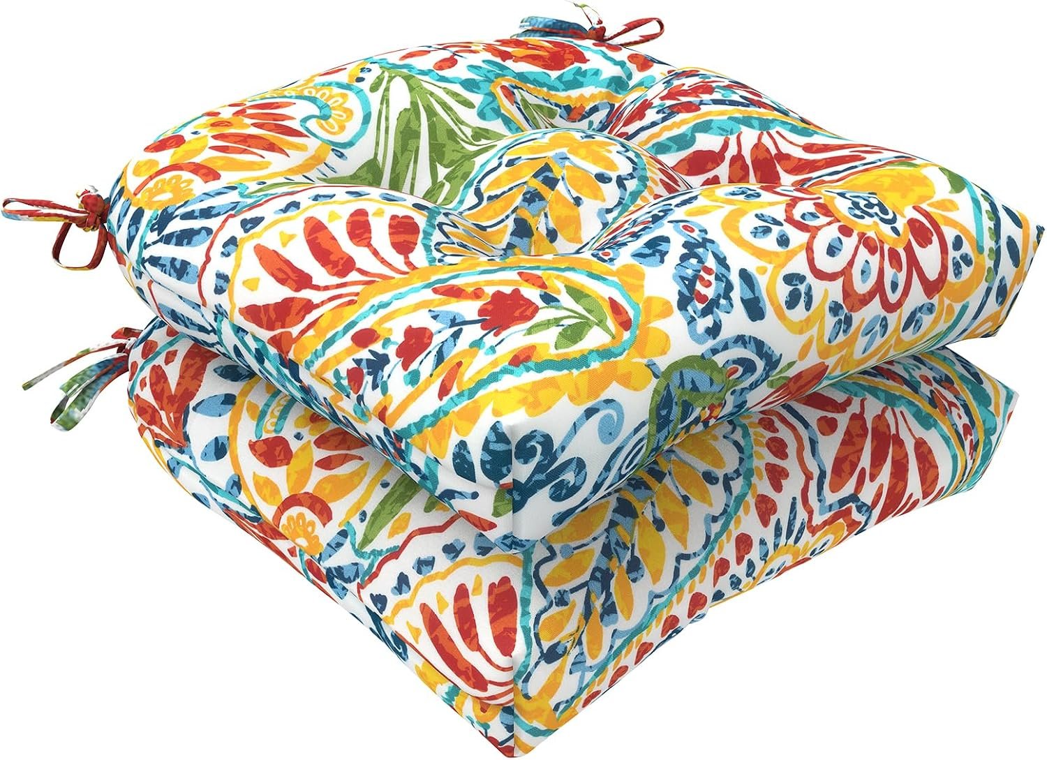 LVTXIII Outdoor/Indoor Tufted Seat Cushion, Decorative Wicker Chair Pads All Weather Seat Cushion Sets for Patio Garden Home Office Furniture, 19”x19”x4”, Round Back, Pack of 2, Paisley Multi