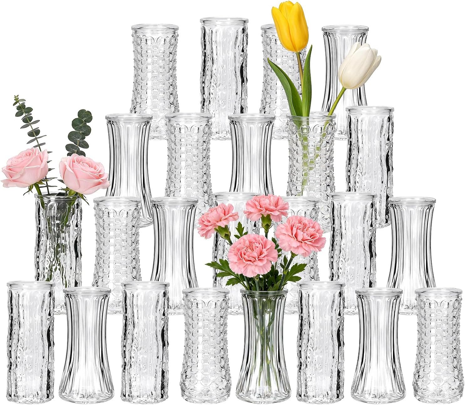 24 Pack Mini Glass Bud Vases, Small Clear Flower Vases Bulk | For Wedding Centerpieces, Rustic Modern Table Decor Vases for Home, Hotel, Restaurant, Birthday Party, Beautiful Gift Set