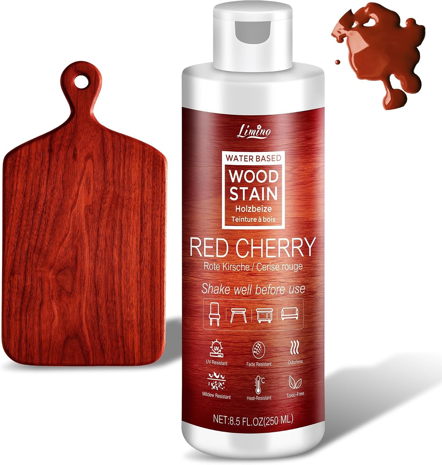 Water Based Wood Stain – Red Cherry | Wood Varnish for Indoor ＆ Outdoor Furniture, Wardrobe, Cabinets, Doors, Low Odor ＆ Non-Toxic, Fast Drying, Multiple Classical Finishes – 8.5fl.oz / 250ml