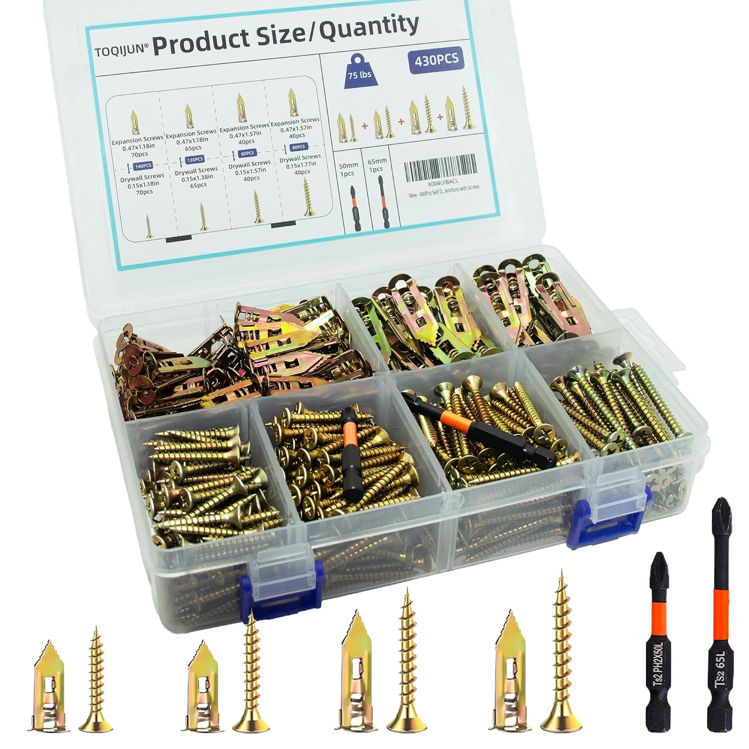430 PCS Self Drilling Drywall Anchors with Screws Kit,2 Sizes Sheetrock Anchors & 4 Sizes Zinc Expansion Screws with 2 Drill Bits – Zinc-Plated Steel Material – No Drill Required Holds Up to 75LB