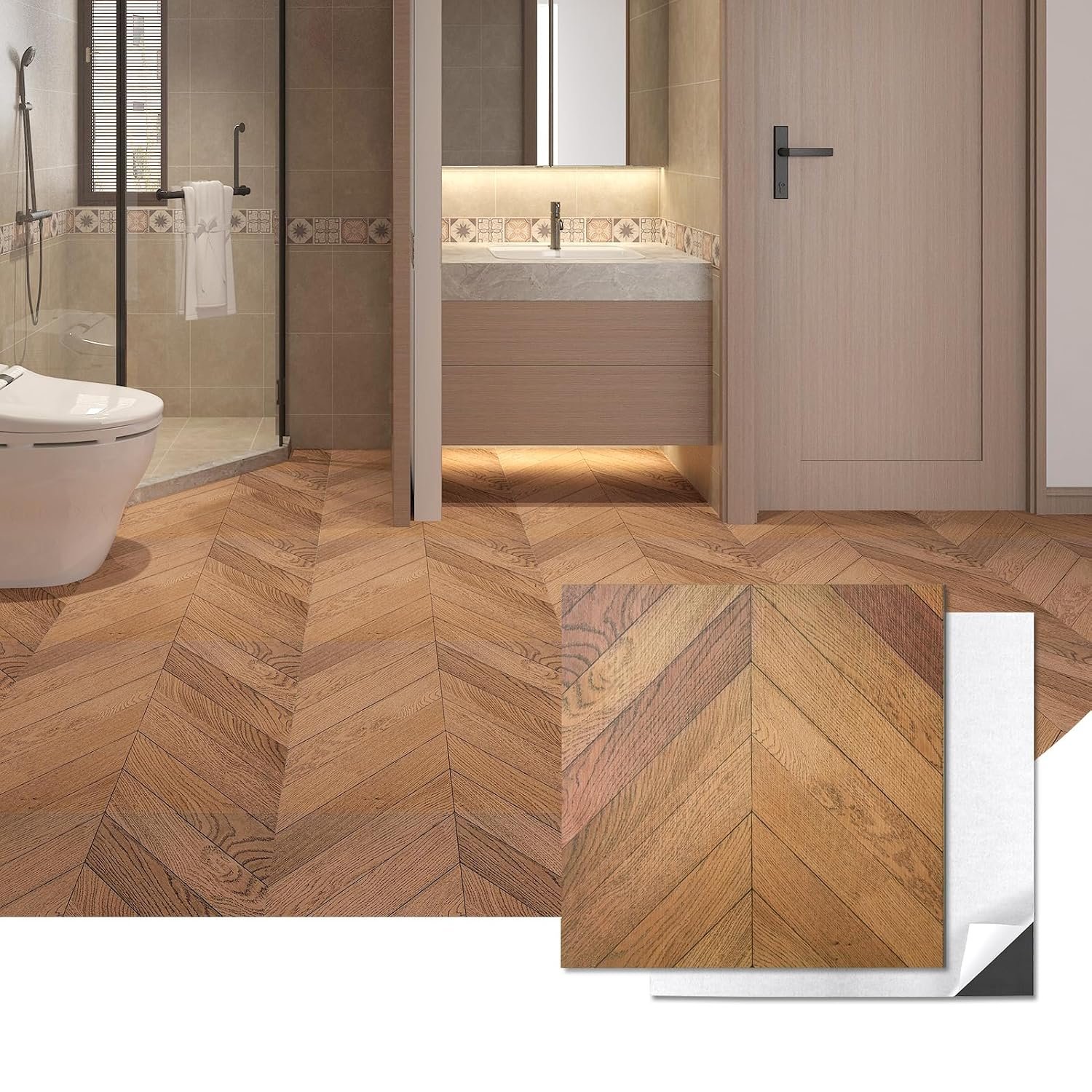 Art3d 30-Pack Herringbone Peel and Stick Vinyl Floor Tiles, 12″ x 12″ Self Adhesive Waterproof Wood Flooring Plank for Kitchen Bathroom Bedroom, Cover 30 Sq. Ft, Brown | Premium Vinyl, Self-Adhesive, Waterproof, Wood Grain, Fade-Resistant, Scratch-Proof, Ideal for Kitchen, Dining Room, Bedrooms