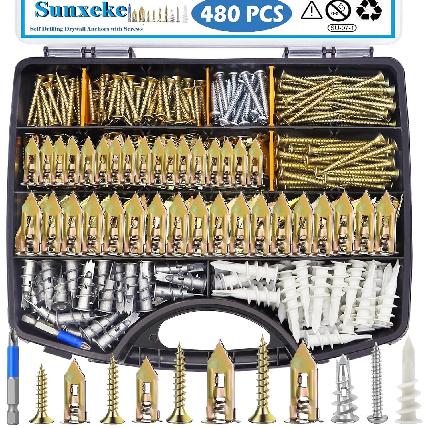 480 PCS Self Drilling Drywall Anchors Kit with Screws – 4 Sheetrock Anchors & 5 Screw Sizes (2026 Upgraded), No Drill Needed, Zinc Plated Steel and Plastic, Heavy Duty Wall Anchors