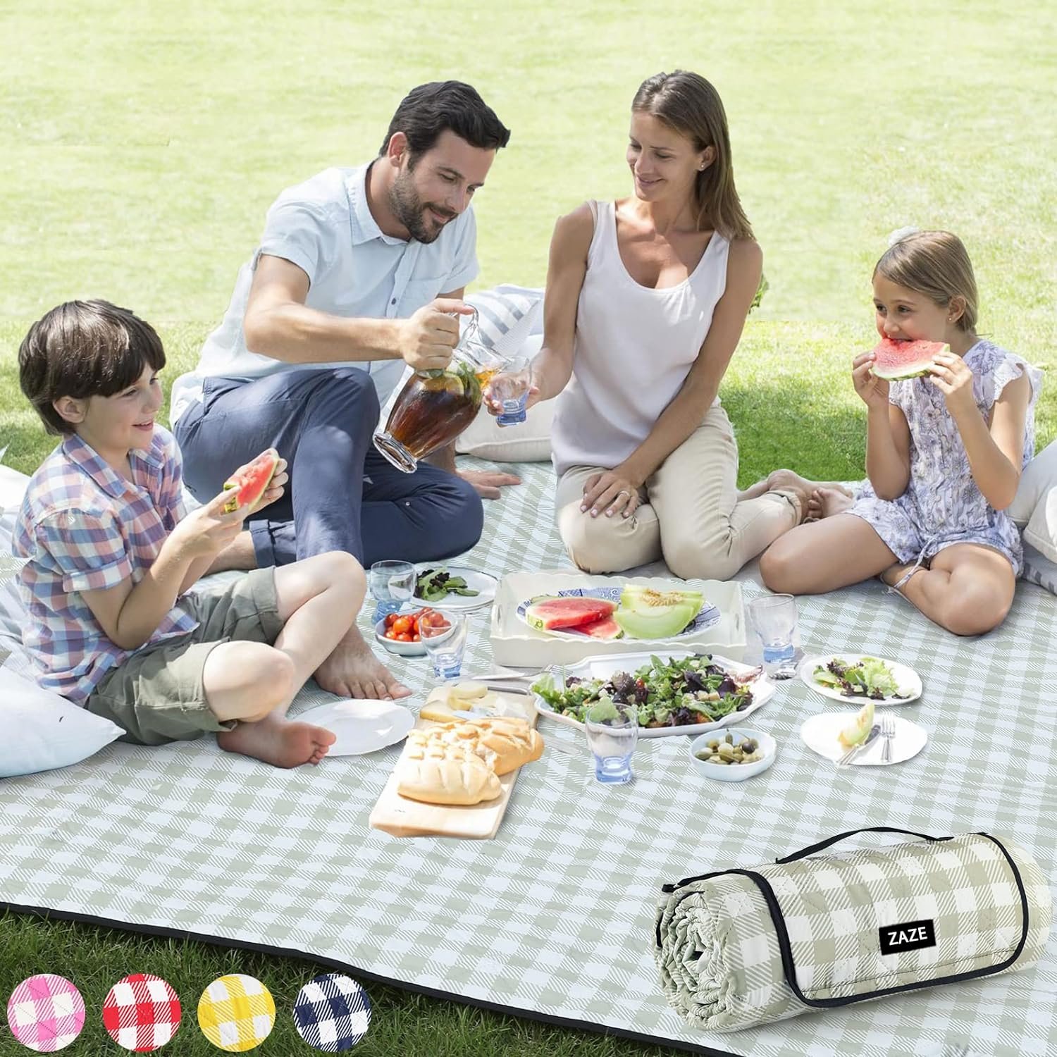 ZAZE Extra Large Picnic Outdoor Blanket, 80”x80” Waterproof Foldable Blankets Gingham Picnic Mat for Beach, Camping Grass Lawn Park Accessories Cute Couple Gifts Ideas Wedding Registry(Green White)