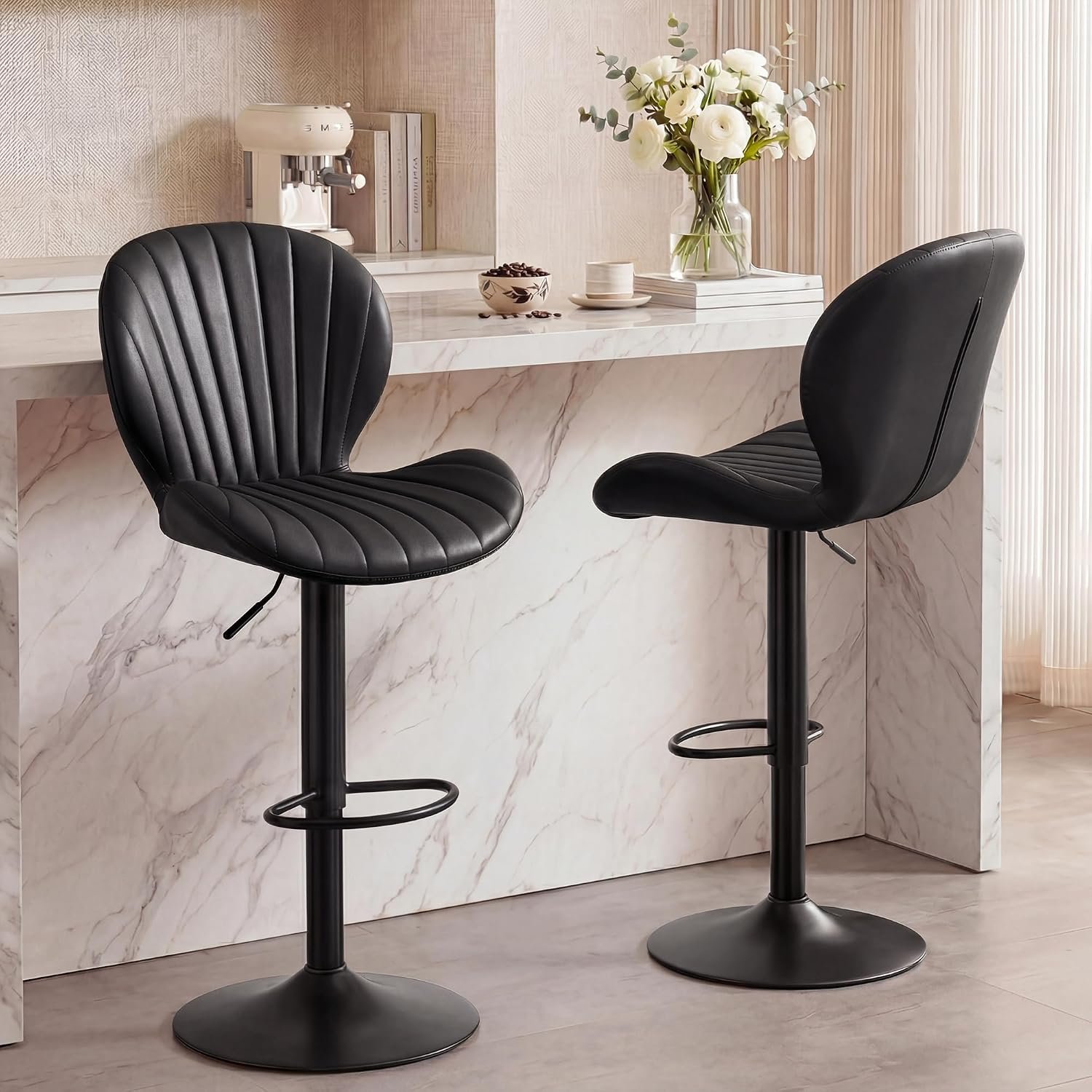 GRUSIGN Bar Stools Set of 2, Modern Swivel Adjustable Bar Chairs, Faux Leather Upholstered Counter Height Bar Stools with Backrest, Comfort Barstools for Kitchen Island, Home Bar, Black