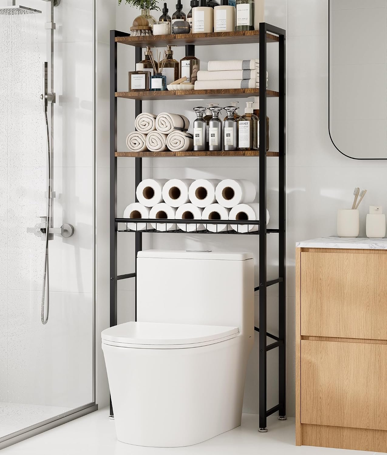 4-Tier Over-the-Toilet Storage Rack with One-Piece Wooden Shelves & Open Net Basket, Bathroom Organizer with Adjustable Feet & Anti-Tip Kit, Space-Saving Toilet Shelf, Brown, 24.4″ x 9.4″ x 69.3″