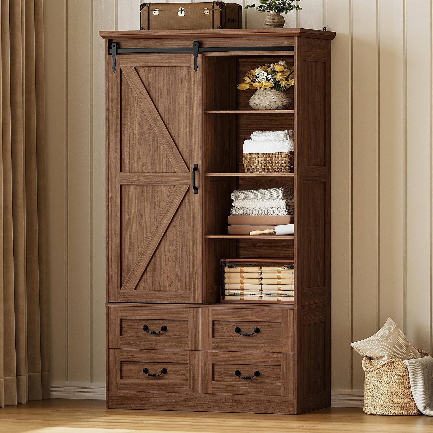 IRONCK Armoire Wardrobe Closet with 4 Drawers,71″ Wardrobe Cabinet with Sliding Barn Doors, Tall Clothing Storage Cabinet with Hanging Rod and Shelves for Bedroom,Walnut