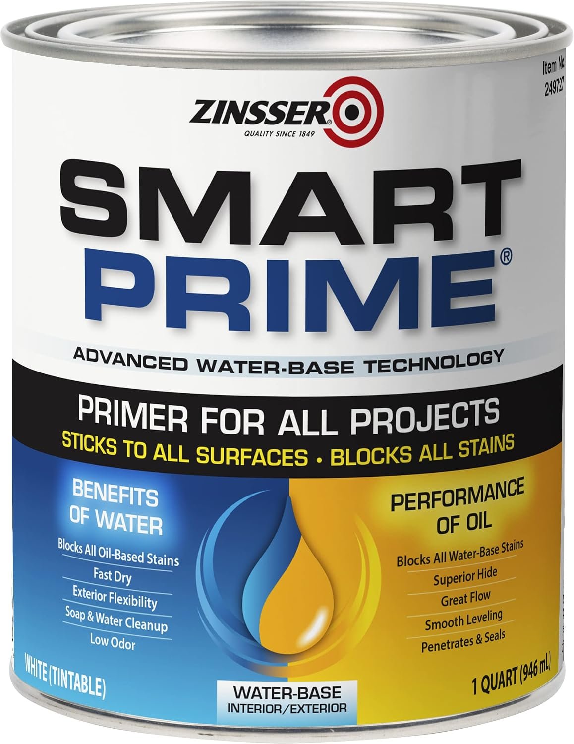 Zinsser Smart Prime Water-Based Primer, Quart | Quart primer-sealer. Blocks stains & seals surfaces with superior adhesion for interior/exterior wood, drywall & metal.