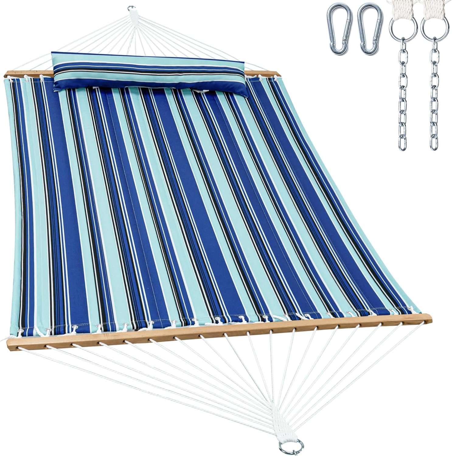 GAFETE 12ft 2 Person Hammock for Outside with Hardwood Spreader Bar | 475 lbs, Comfy Quilted Fabric, Extra Large Removable Pillow, Convenient Side Pocket & Secure Carabiners, Catalina Beach