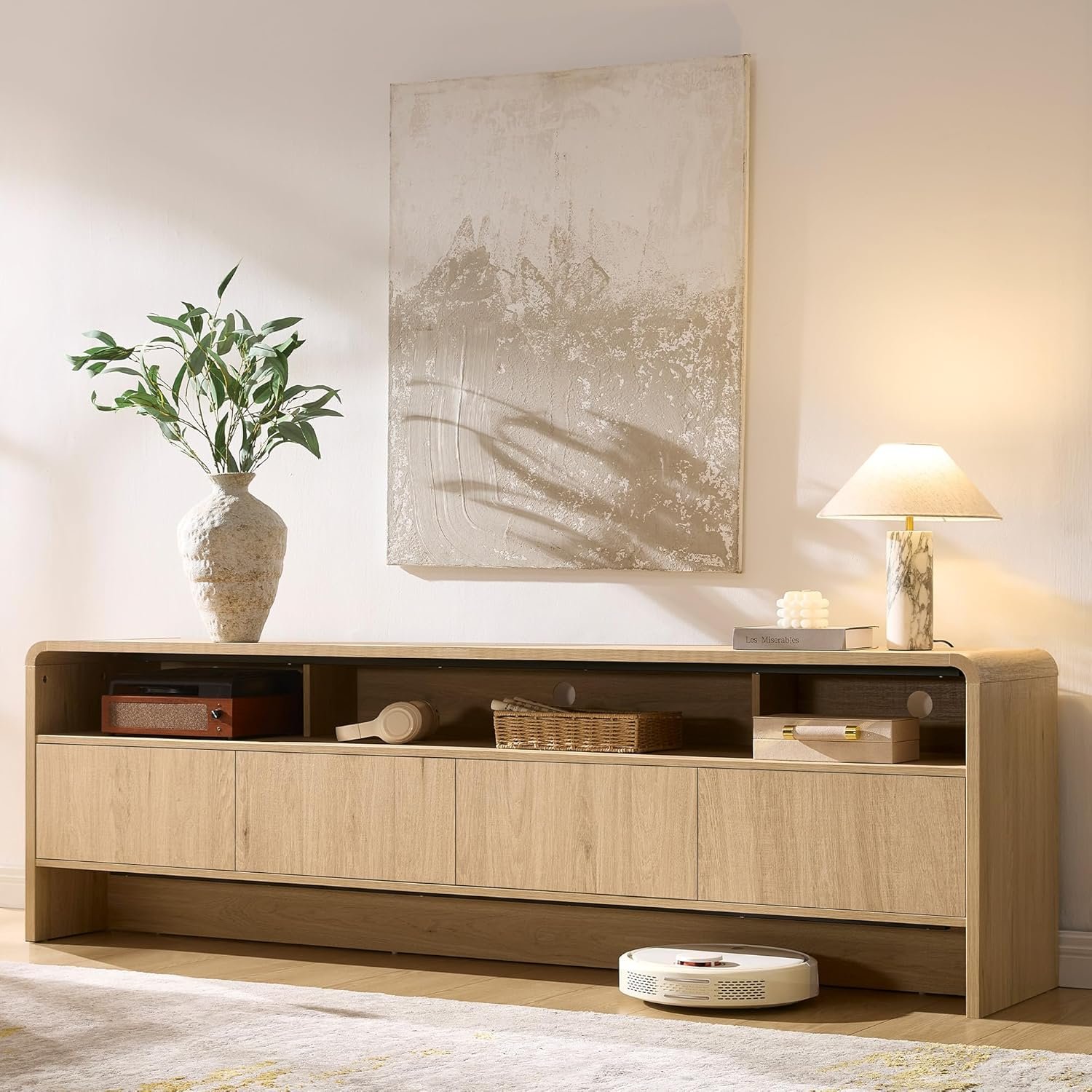 AMERLIFE 70″ Modern Curved TV Stand with Storage for TVs Up to 80″ | 2 Storage Cabinets, 3 Open Cubbies, Wood Grain Finish， Minimalist Media Console, Rounded Edges, for Living Room, Natural Oak