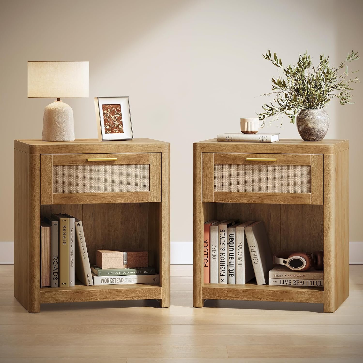 VASAGLE ELLAN Collection – Boho Nightstands with Rattan-Look Drawer, Set of 2 Accent Side End Tables with Open Compartment, Rounded Corners, for Bedroom Bedside, Natural Brown ULET818KC01