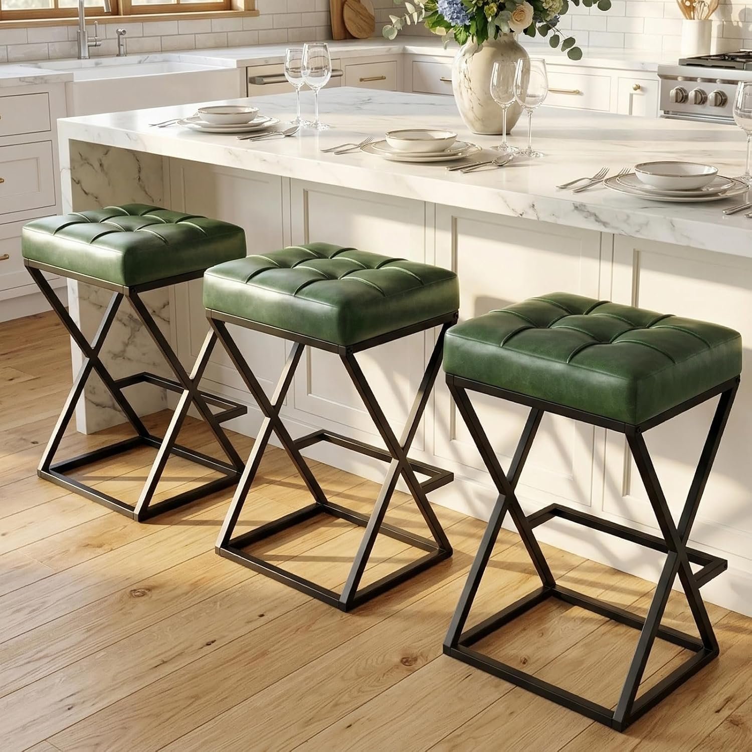 Bar Stools Set of 3, 26 Inch Counter Height Stool Faux Leather Green | Backless Counter Stools with X-Frame Metal Legs, 3.3″ Upholstered Seat, Mid-Century Modern, for Kitchen Island, Home Bar