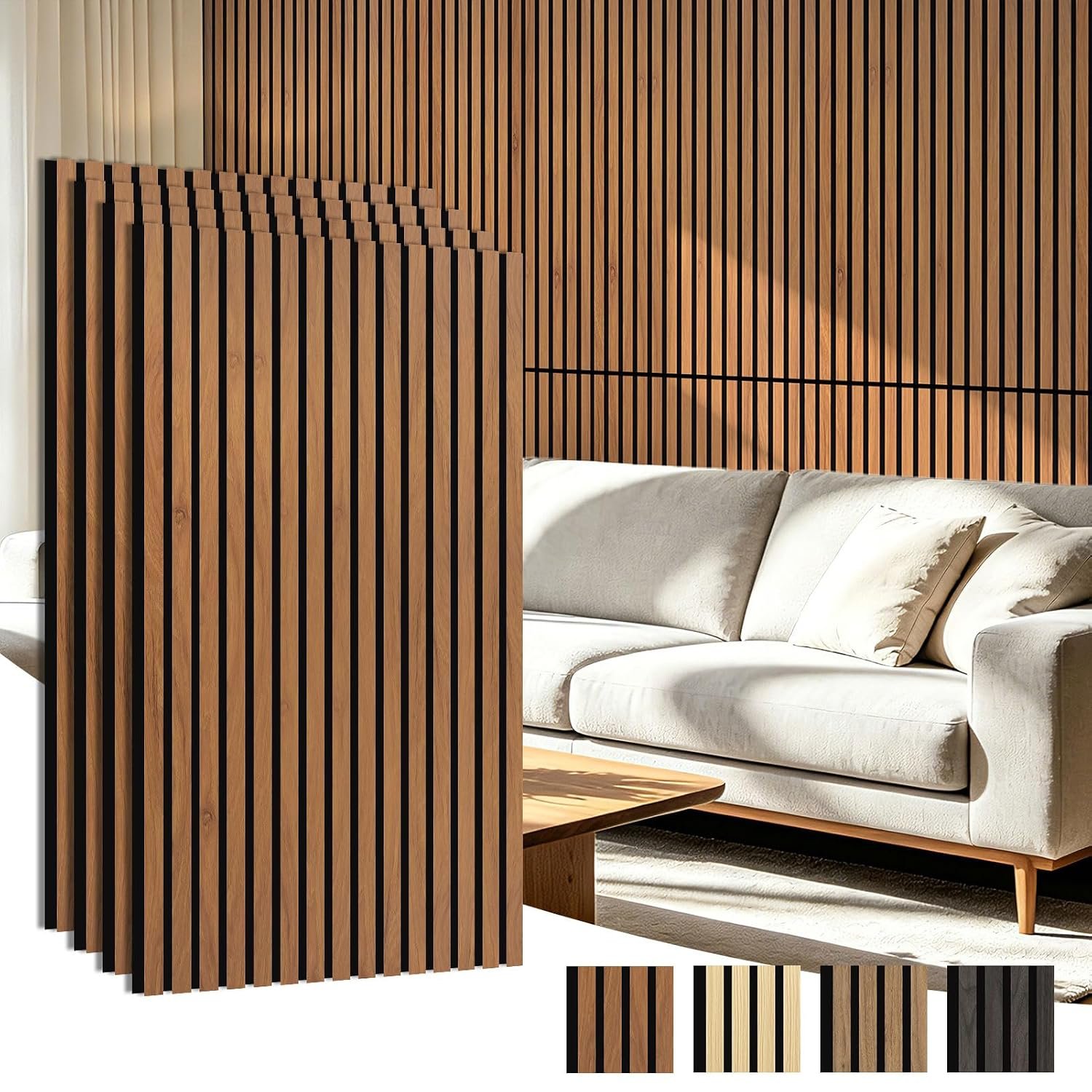 Art3d 4-Pack 47×23.6 Inch Acoustic Panels with Wood Slat Design – Soundproof Wall Panel for Office, Gaming Room & Studio, Ideal for Streamers, Home Workers & Recent Movers, Walnut