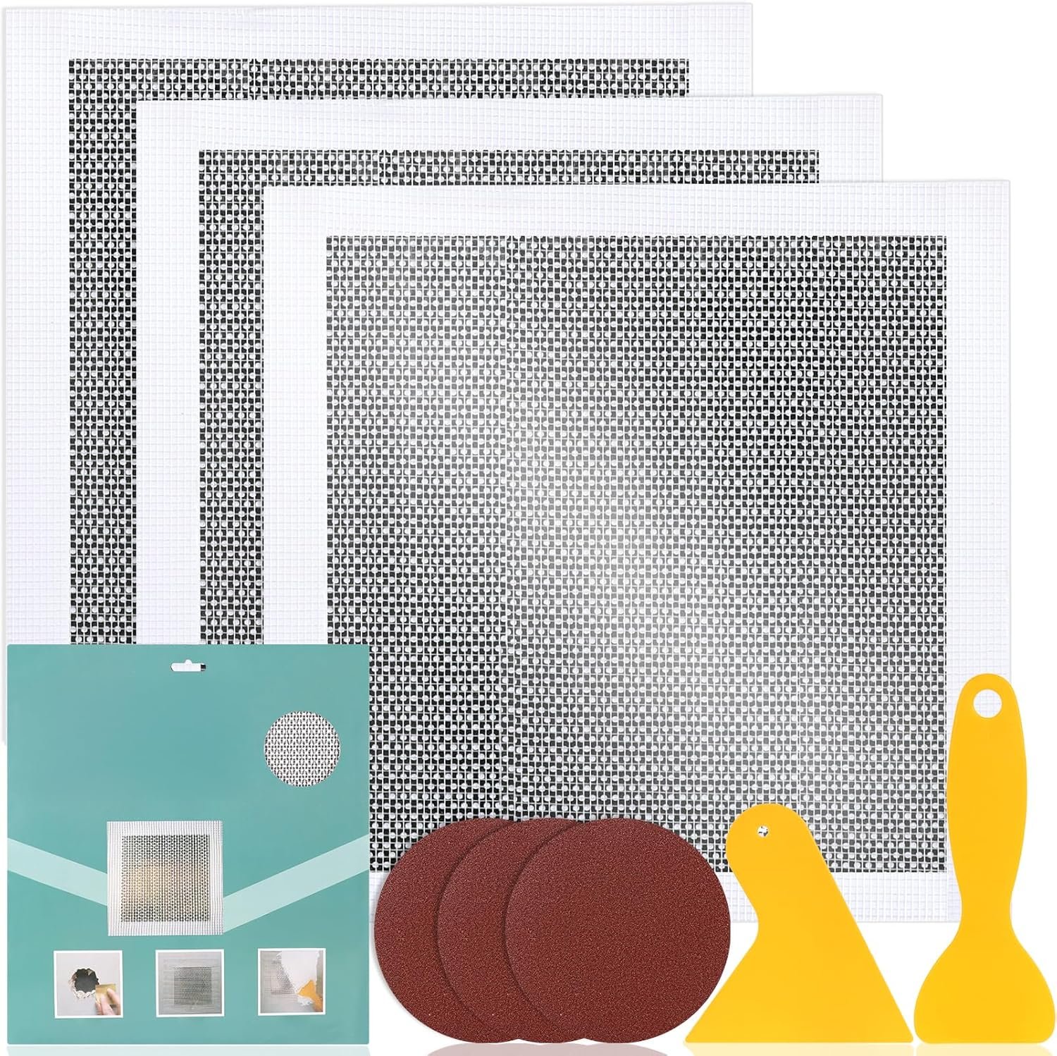 3Pcs Drywall Repair Kit Large Hole, 12 x 12in Self-Adhesive Drywall Patch Kit with Sandpapers & Scrapers, Wall Repair Patches for Big Holes & Cracks, Quick Fix for Ceiling Bathroom Wall Damage