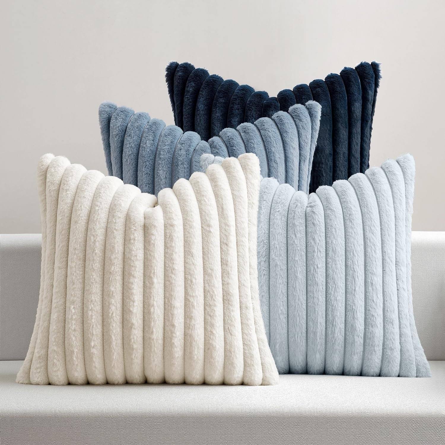 MIULEE Faux Fur Plush Decorative Throw Pillow Covers 18×18, Navy Blue | Set of 4, Striped, Soft Coastal Modern Cozy Home Decor, Cushion Cases for Sofa Couch Bed Living Room
