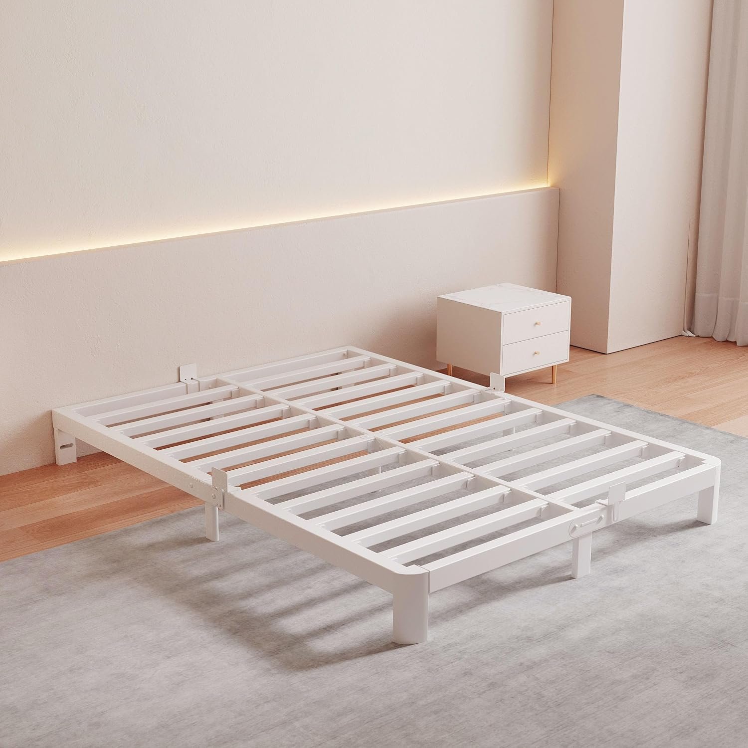 White Low Profile Full Size Bed Frame 6 Inch with Mattress Stoppers | No Box Spring Needed, DIY Headboard Hole, Heavy Duty Steel Support, Round Corner Legs, Easy Assembly, Noiseless, Pet Friendly