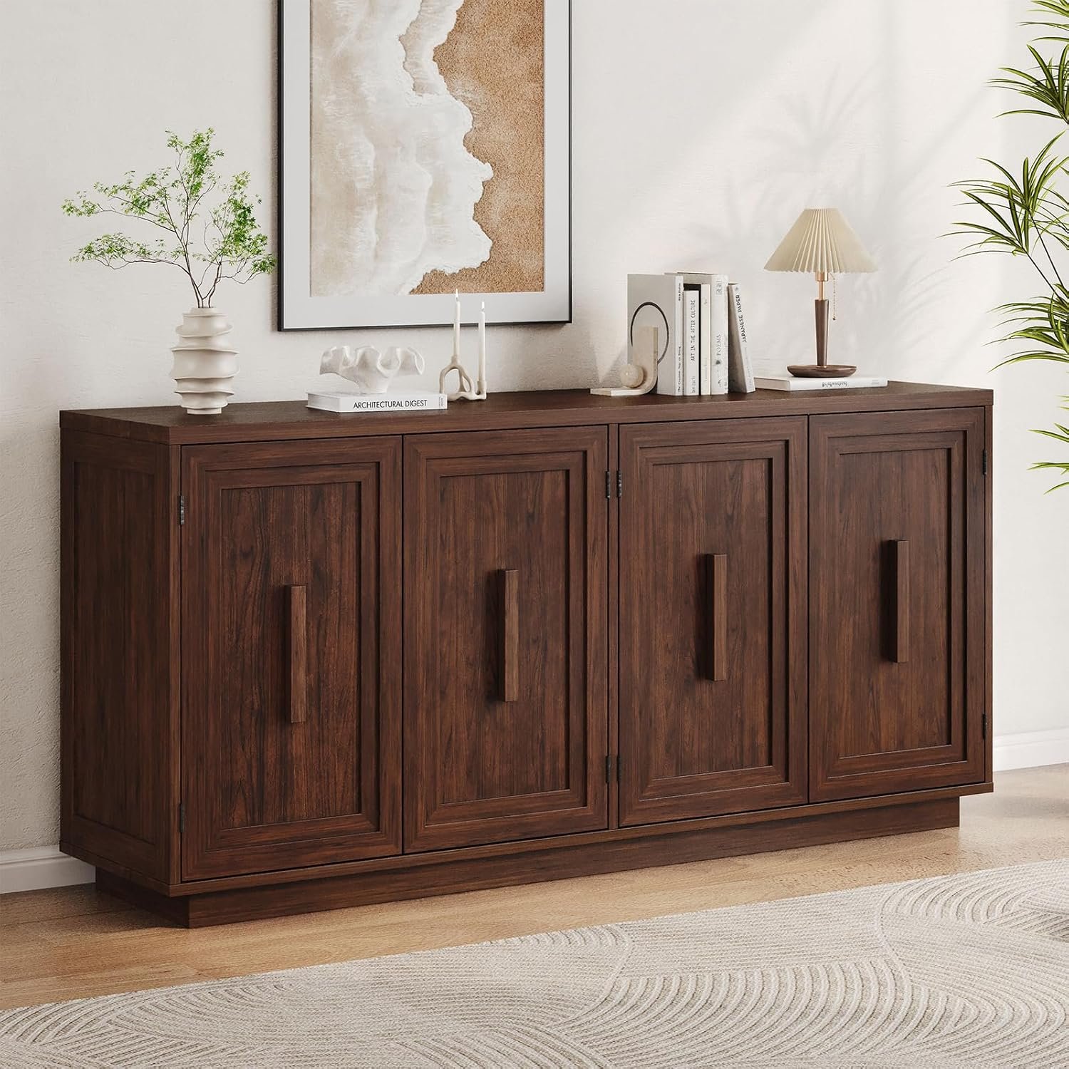 63 Inch Sideboard Buffet Cabinet w/Storage, 4 Doors, Dark Walnut | Large Coffee Bar Cabinet with Adjustable Shelves, Credenza Storage Cabinets for Kitchen, Living Room, Entryway