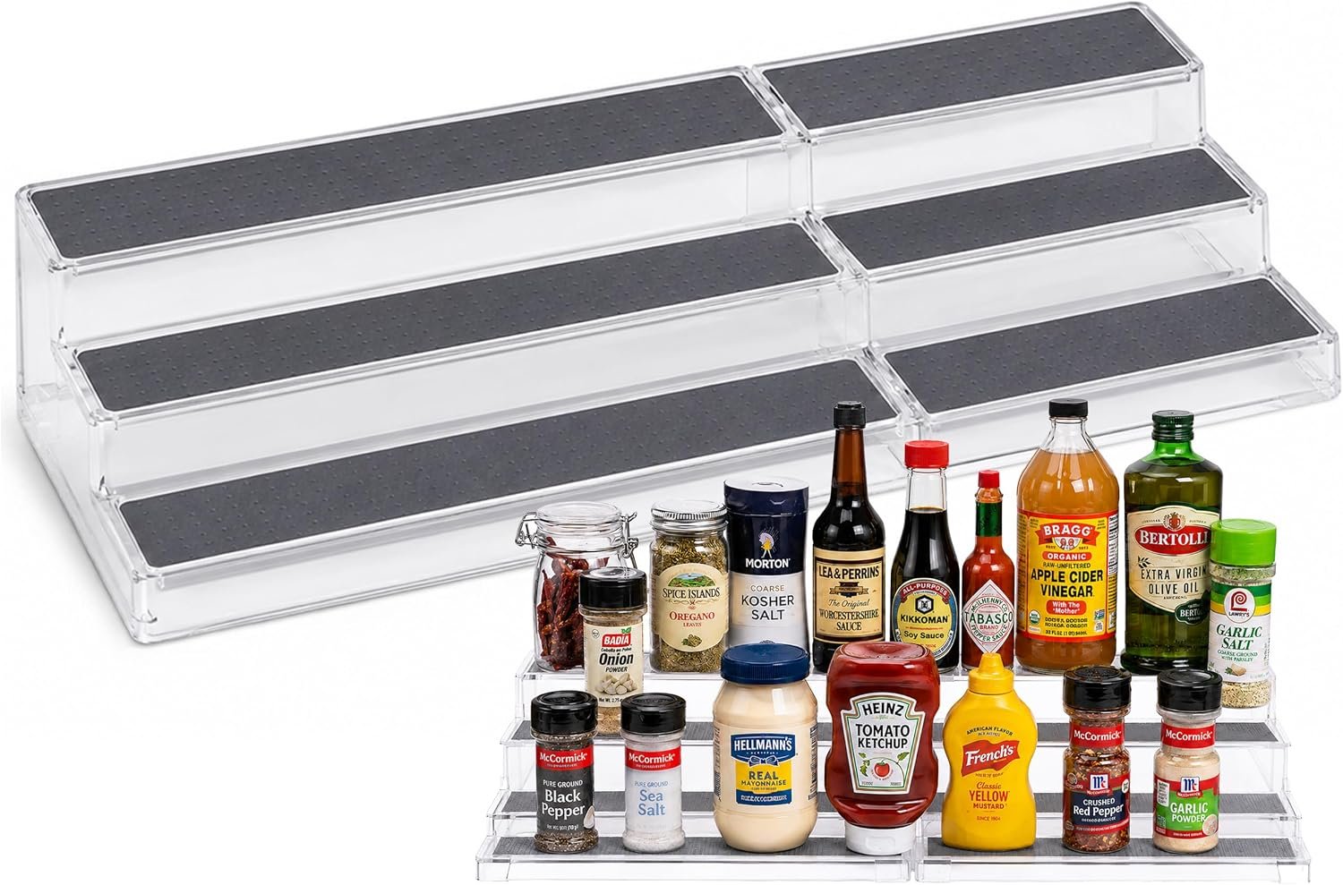 Oizeir 3-Tier Expandable Spice Rack Organizer for Cabinet, White/Grey | Expandable Plastic Spice Rack Organizer, Adjustable Length 3 Tiers, Non-Skid Shelf, Cabinet Pantry Countertop, White/Grey