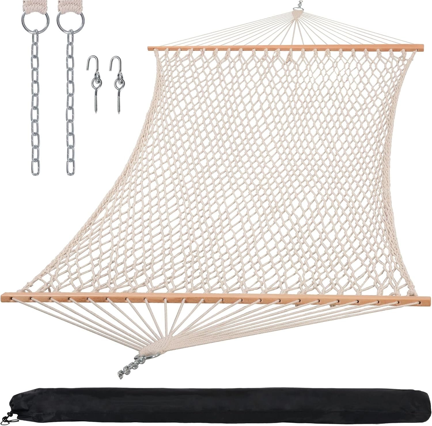Traditional Rope Double Hammock, 450 lbs Capacity, Natural | Hammock with Hardwood Spreader Bar and Carrying Bag