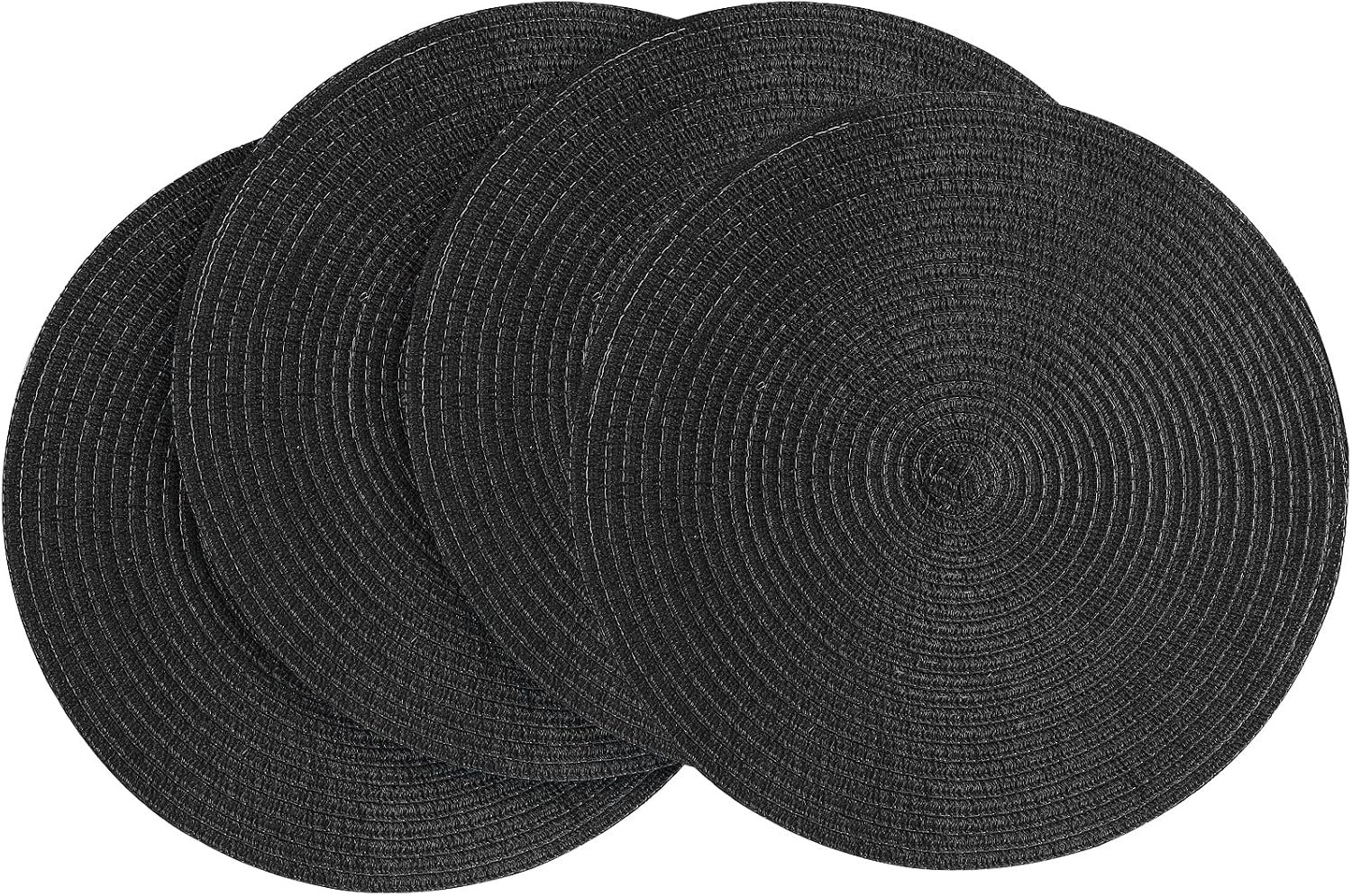 15 Inch Round Braided Placemats Set of 4, Washable Heat Resistant Cotton Polyester Circle Place Mats for Kitchen Dining Table – Black