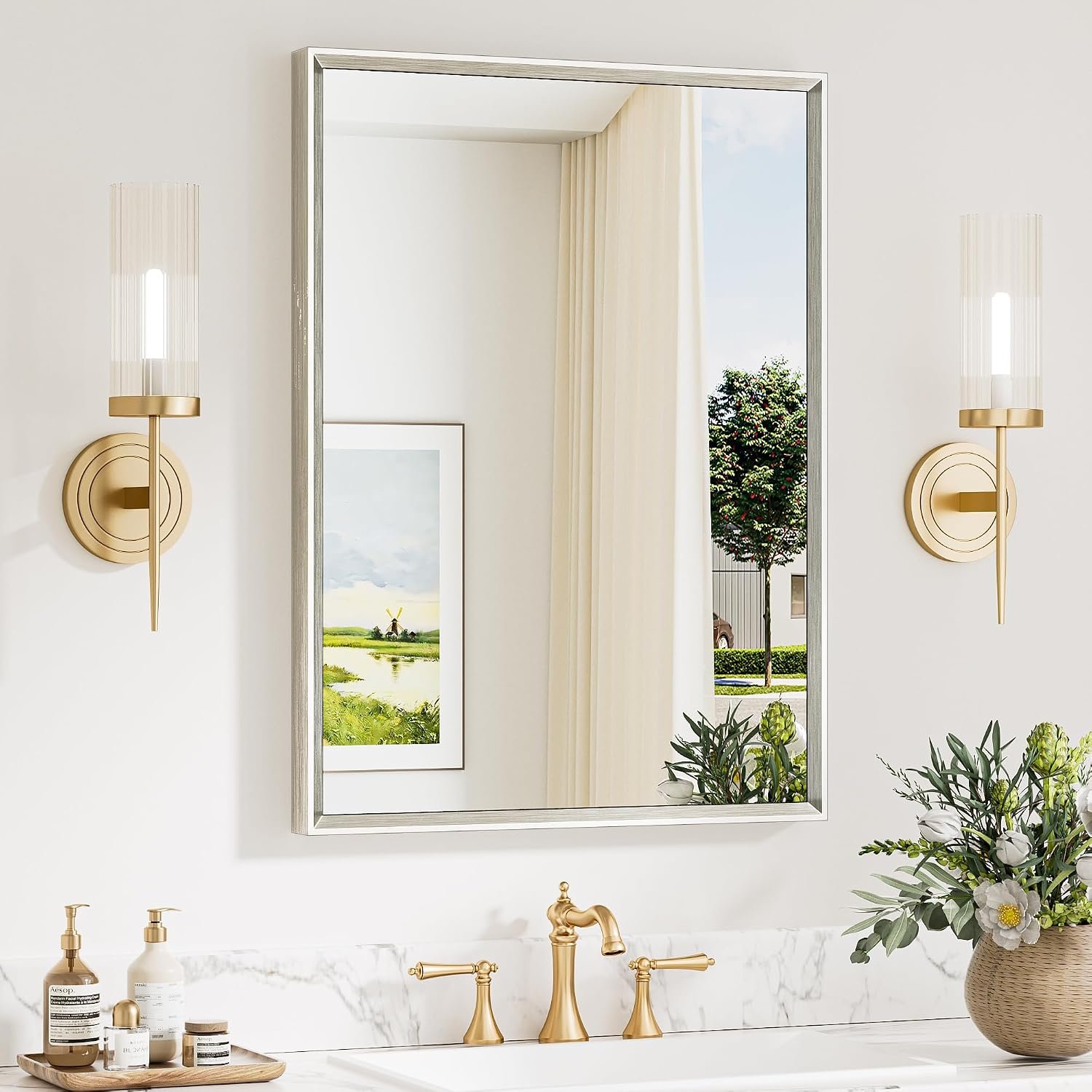 Keonjinn 22 x 30 Inch Brushed Nickel Bathroom Mirrors for Over Sink | Beveled Rectangle Framed Mirrors for Wall, Anti Rust, Farmhouse Bathroom Vanity Mirror, Safety Tempered Glass, Square Corner
